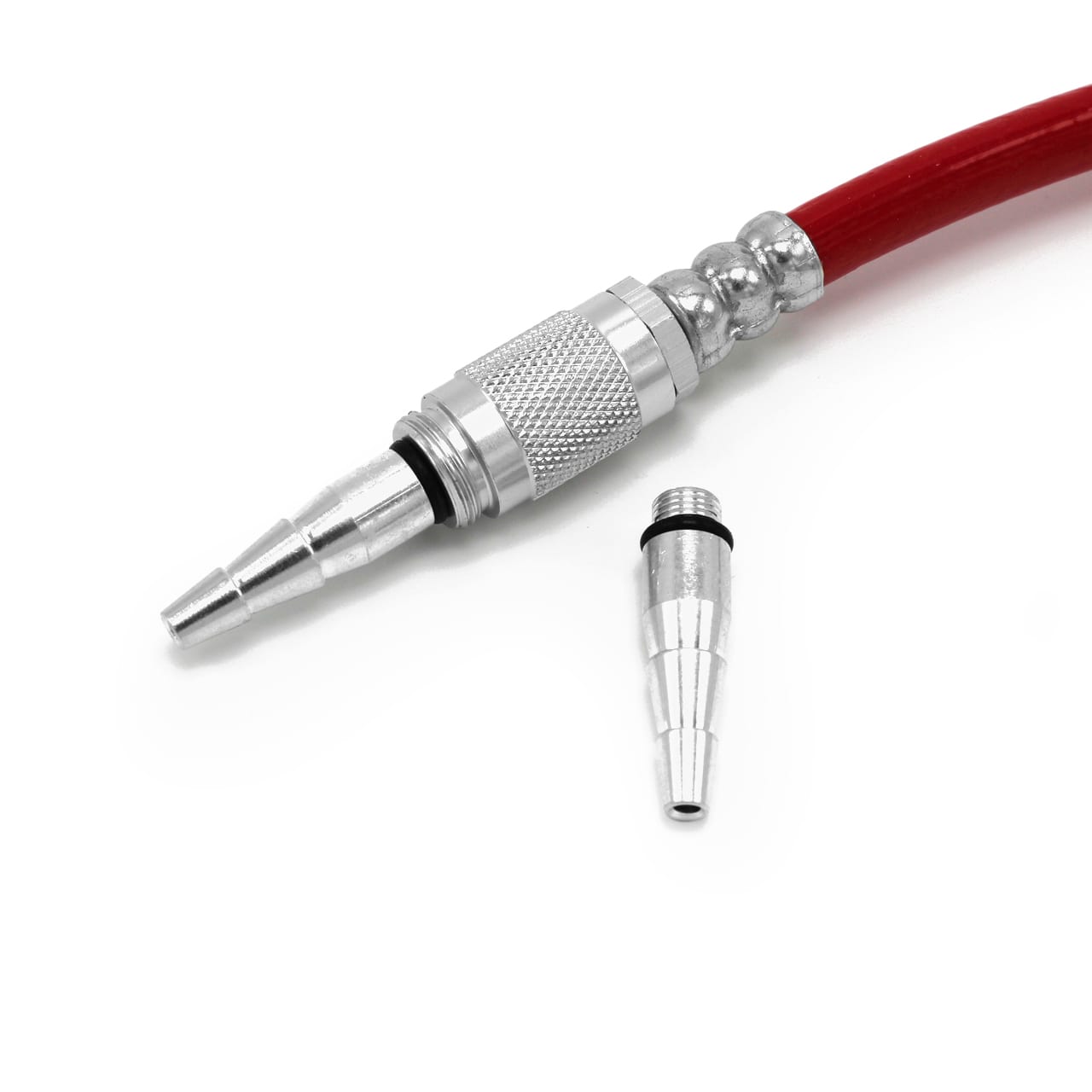 A close-up of a red Prestacycle air hose with a silver connector and matching Pro Presta head fitting, shown beside the Prestaflator PRO Bicycle Tire Inflator—an air compressor tool for Presta & Schrader valves—on a white background.