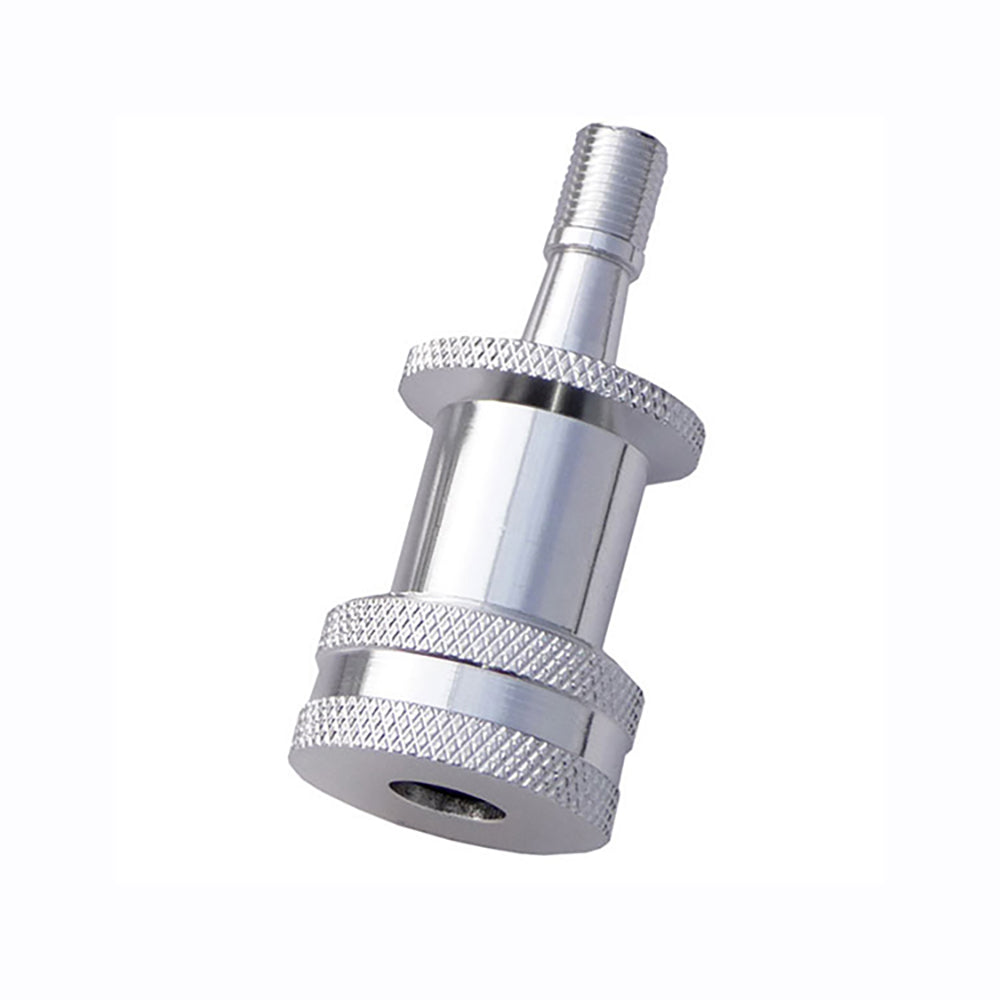 The Prestacycle EZ-Grip Big Presta Head by Prestacycle is a shiny, cylindrical metal connector with knurled edges and a threaded tip for secure attachment to Presta valves in tubeless tire setups, shown against a white background.