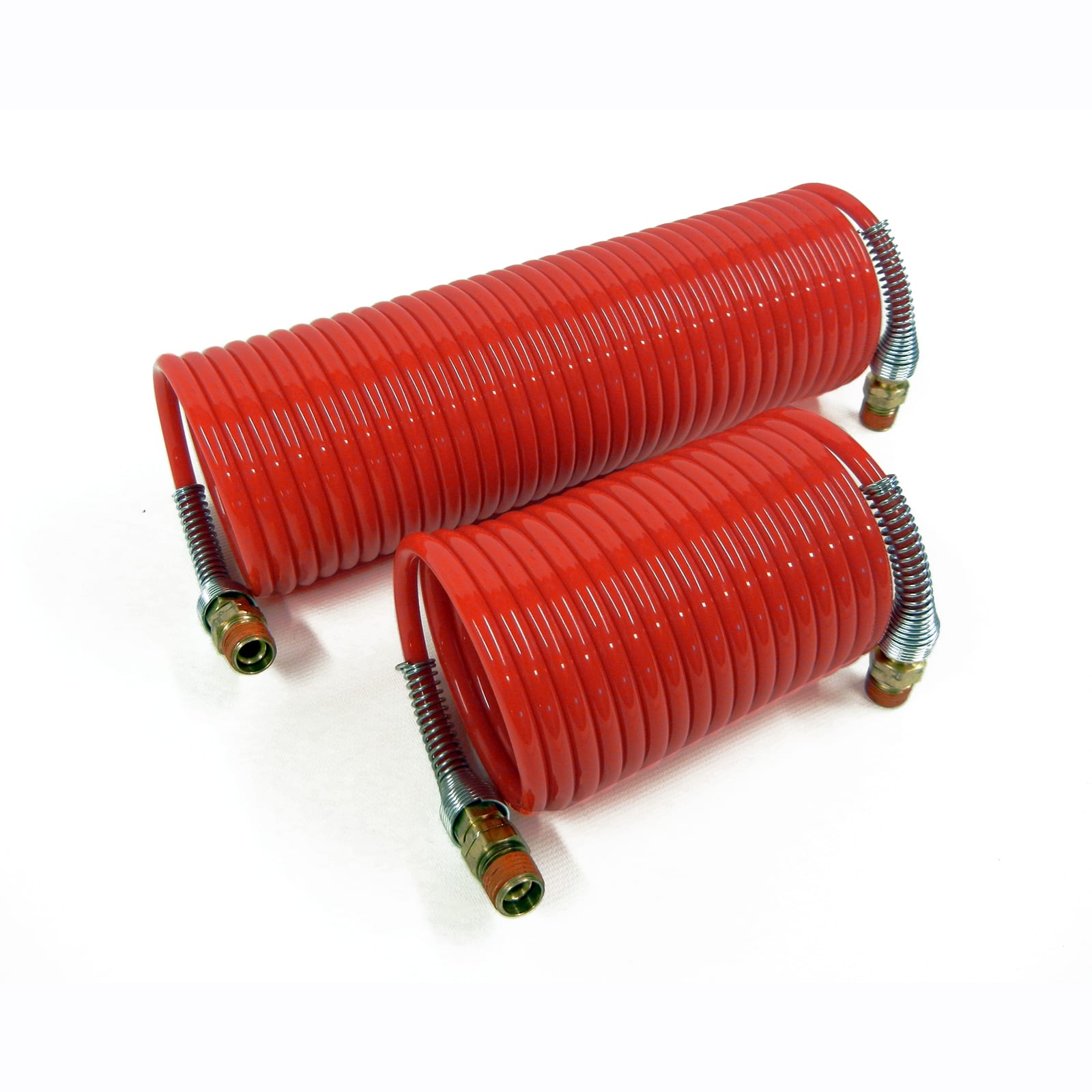 Two Prestacycle Coil Hoses from Prestacycle, designed for portable air compressors, feature metal connectors and protective spring guards at both ends, displayed parallel on a white background.