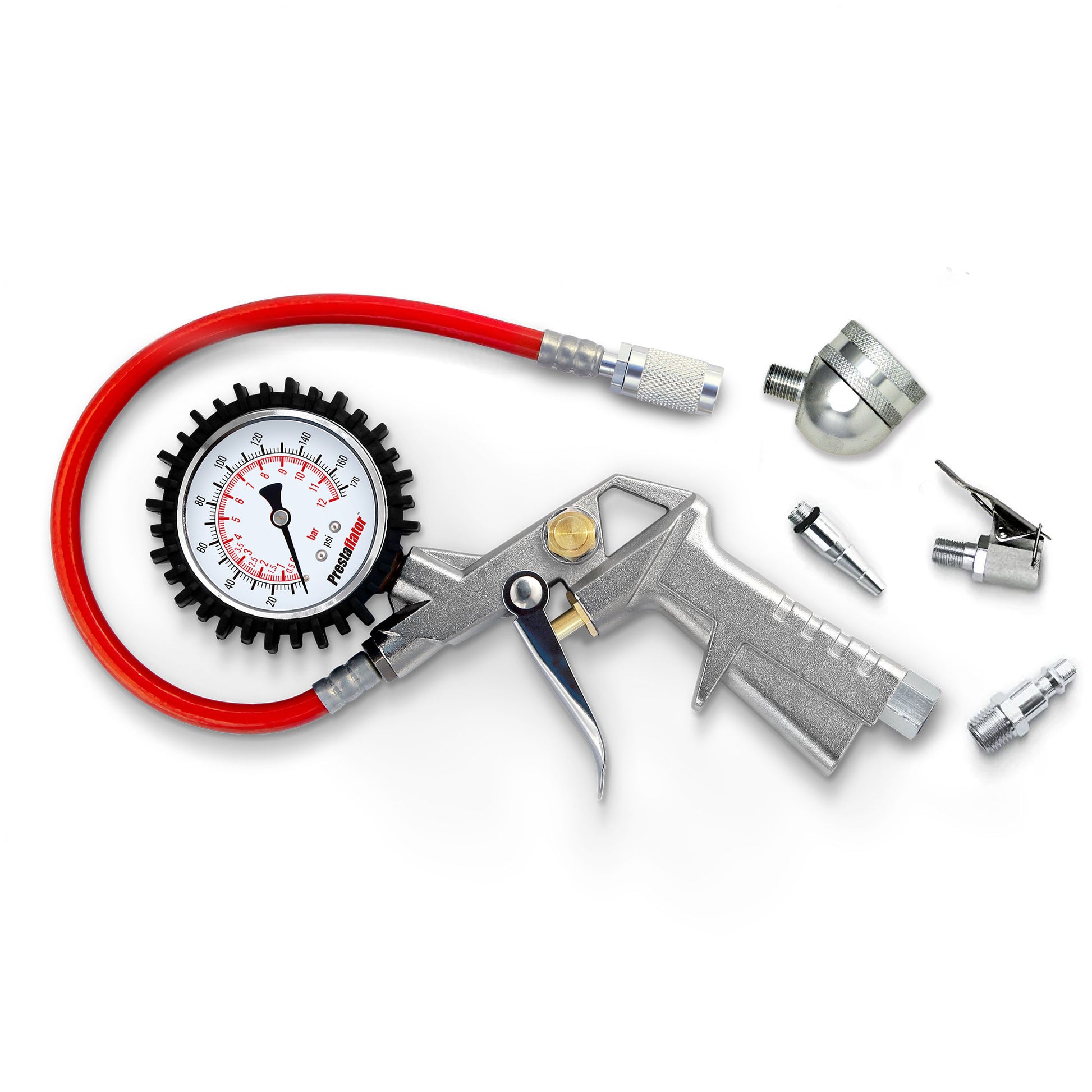 A Prestacycle Prestaflator Bicycle Tire Inflator—an air compressor tool for Presta & Schrader valves with a red hose, pressure gauge, and metal trigger handle—shown with four metal air tool accessories and a Presta valve tool on white background.