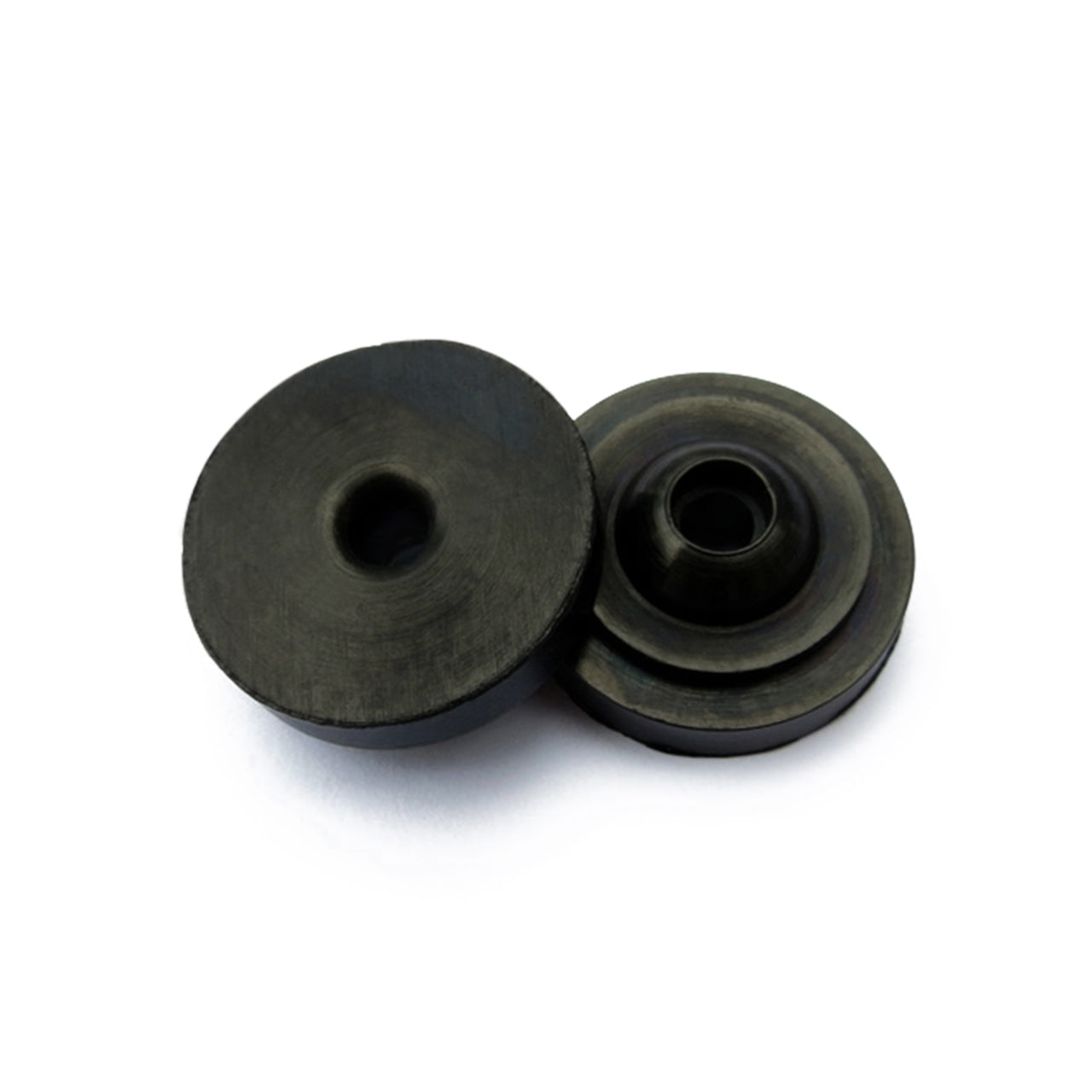 Two round, black Prestacycle Prestaflator Big Presta Head Gaskets are shown on a white surface, one slightly overlapping the other—ideal replacements for Silca or Prestaflator BIG pump heads.