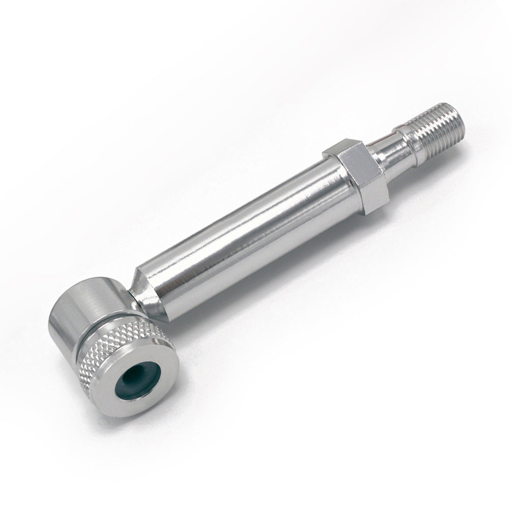 A close-up of the Prestacycle Disc Wheel Mini Presta Head—featuring a knurled end, hex nut, and threaded tip—shown with a Presta valve adapter. This Prestacycle product is ideal for tires and is photographed on a white background.