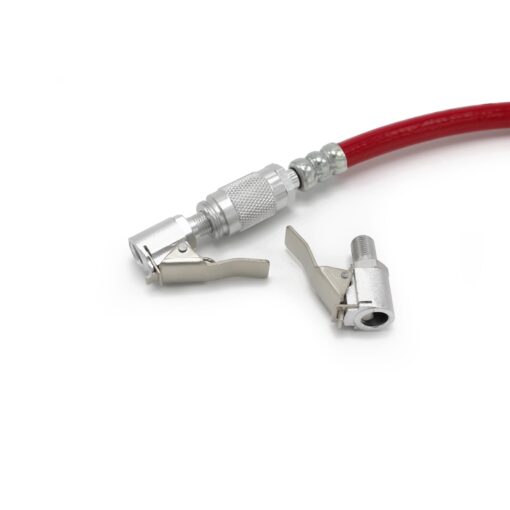 A red air hose with a metal connector is attached to the Prestacycle Prestaflator PRO Bicycle Tire Inflator and a matching air chuck, both with lever mechanisms, displayed on a white background.