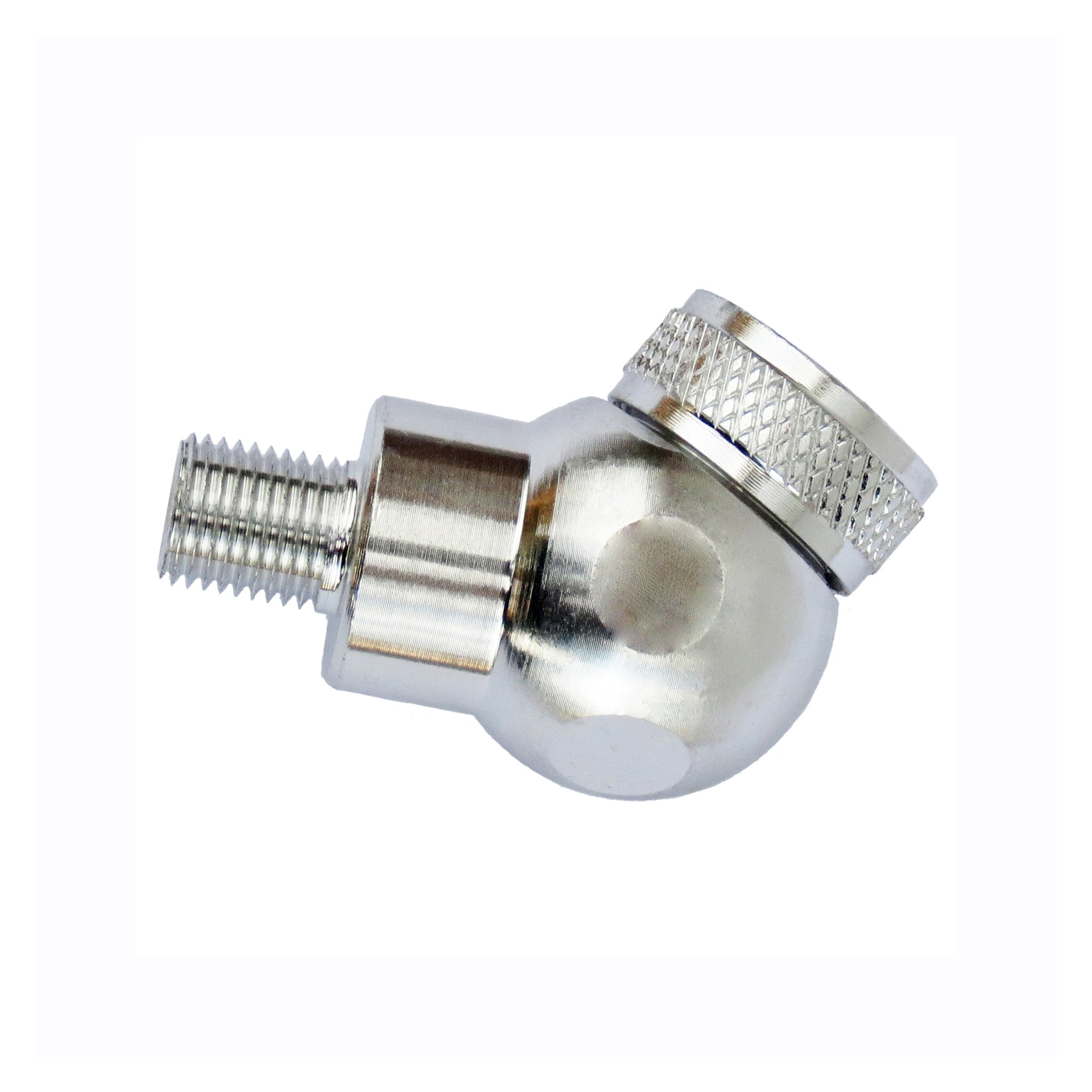 A close-up of the Prestacycle Angle Mini Presta Head by Prestacycle—featuring a metallic angled connector with a threaded end and knurled grip, designed for tubeless tire setups, isolated on a white background.