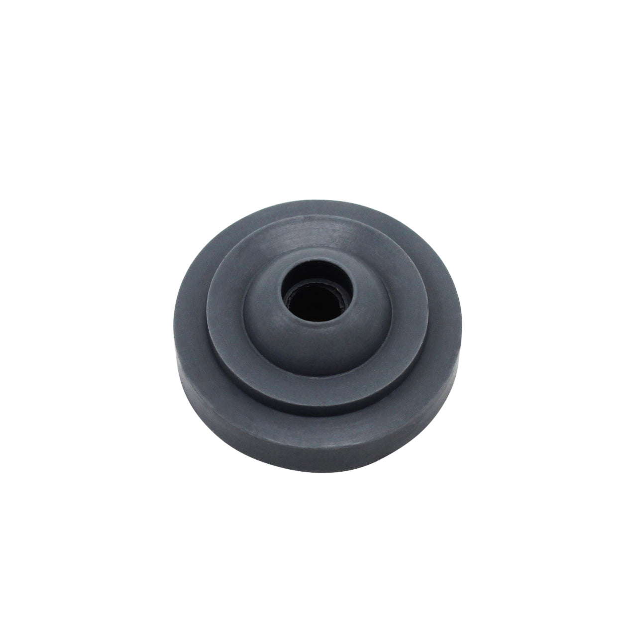 The Prestacycle Prestaflator Big Presta Head Gasket is a round, black rubber grommet with a central hole and circular ridges, ideal as a replacement for Silca pump heads or compatible with Prestaflator BIG. Shown from above on a white background.