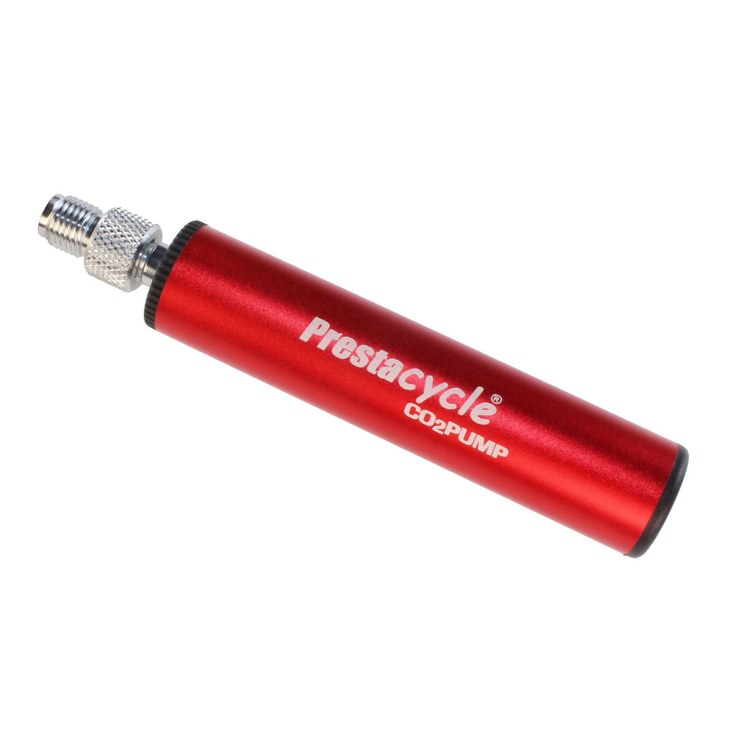 The Prestacycle Prestaflator Micro is a CO2/air compressor/pump bundle with metallic accents and a threaded CO2 inflation head, designed for fast bicycle tire inflation.
