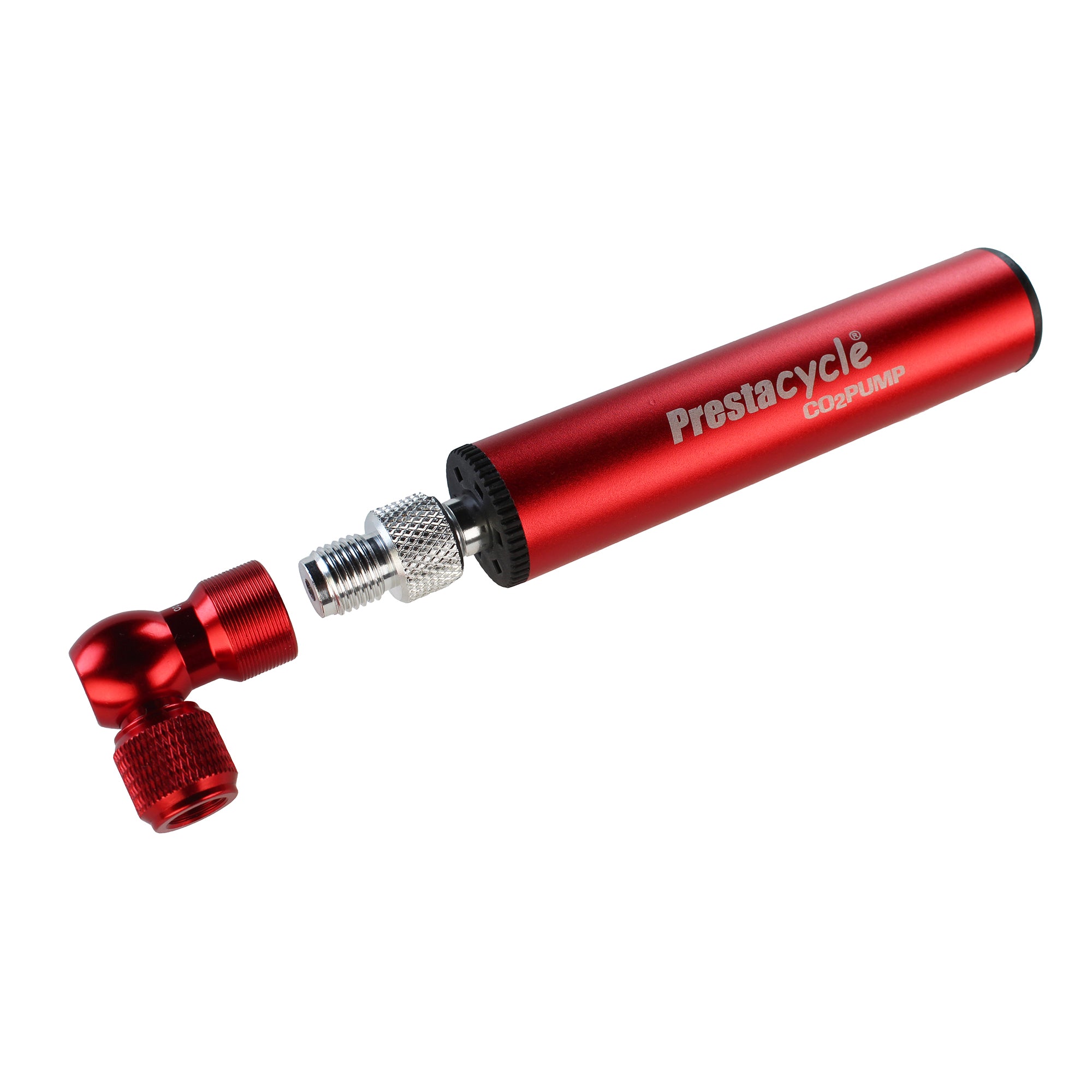 The Prestacycle Prestaflator Micro CO2 / Air Compressor / Pump Bundle in red and silver, featuring a detachable Presta/Schrader head for bike tires, is displayed against a white background.
