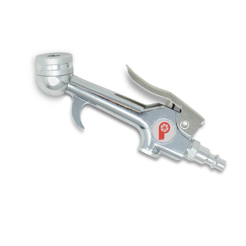 The Prestacycle Prestaflator Mini, a silver pneumatic air blow gun with trigger and nozzle, features a red circular logo and can be used as a Presta valve inflator for tubeless-safe applications. Photographed against a white background.