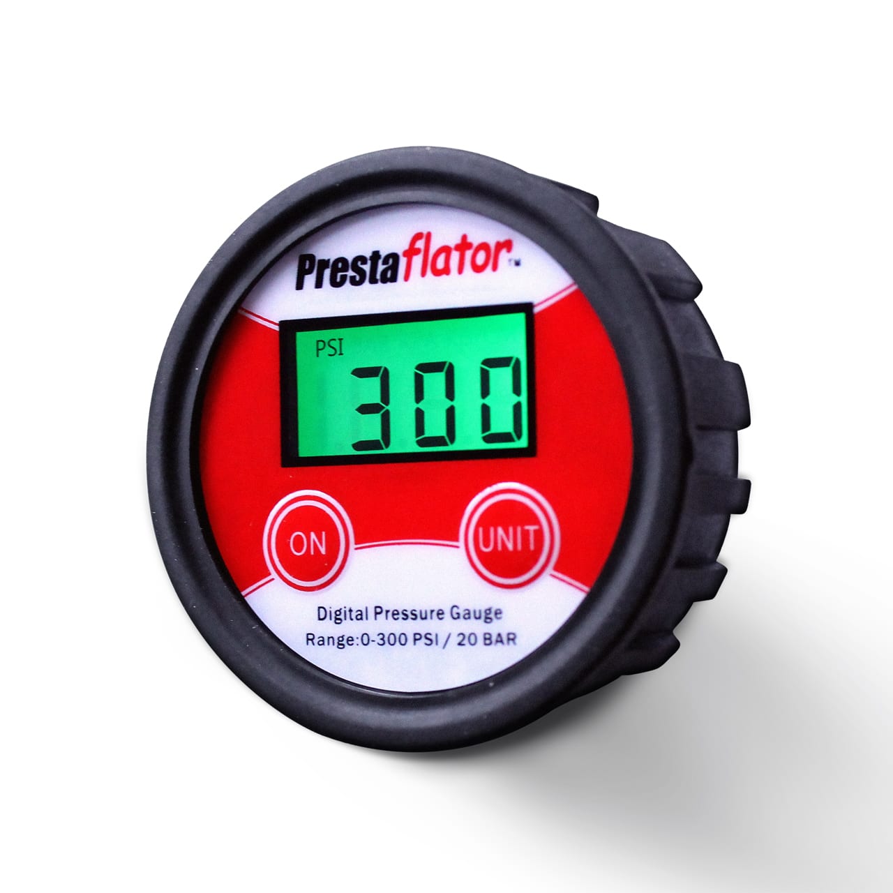 The Prestaflator Digital Gauge for Air Compressors & Floor Pumps by Prestacycle features a red and white face, green backlit screen displaying 300 PSI, and two buttons (ON/UNIT)—ideal as a replacement gauge for your air compressor regulator.