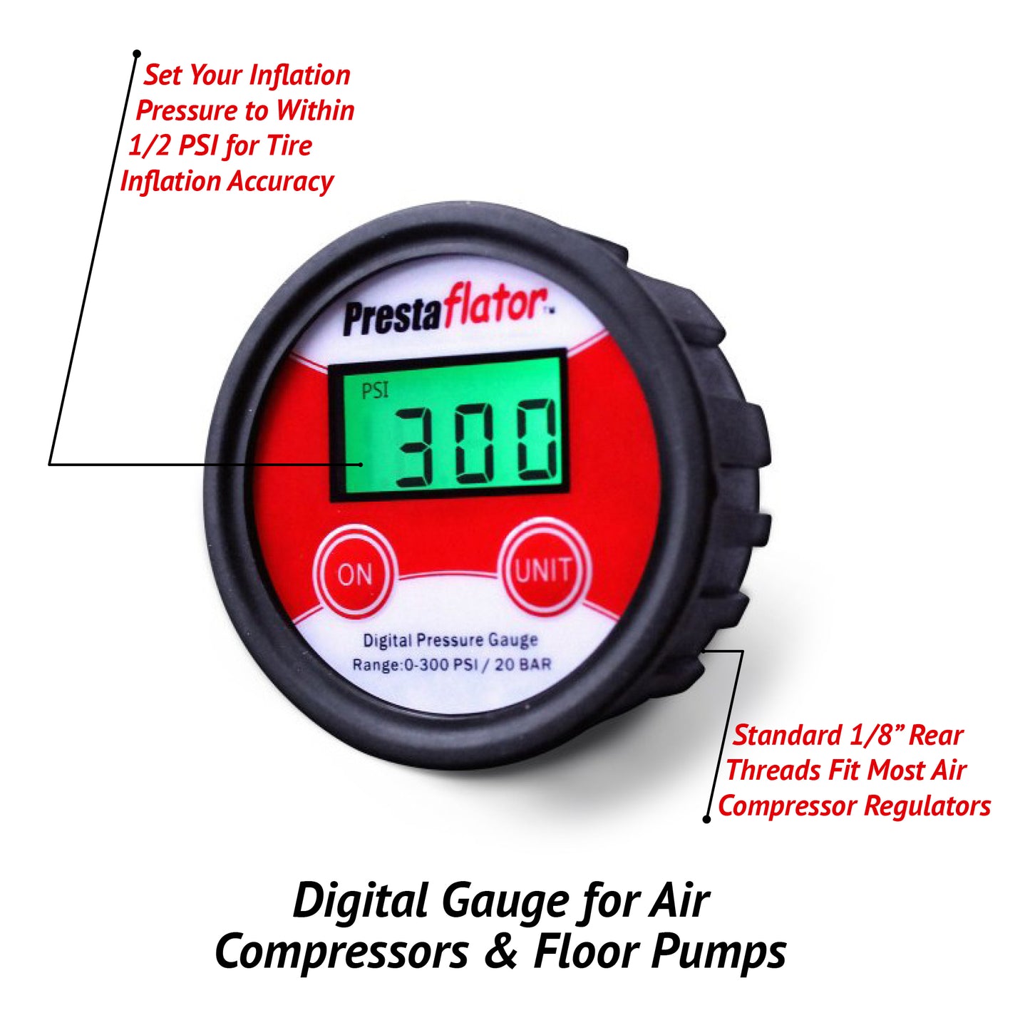 The Prestacycle Prestaflator Digital Gauge for Air Compressors & Floor Pumps shows 30.0 PSI, offers ±0.5 PSI accuracy, and features a standard 1/8 rear thread for compatibility with most air compressor regulators or as a replacement gauge.