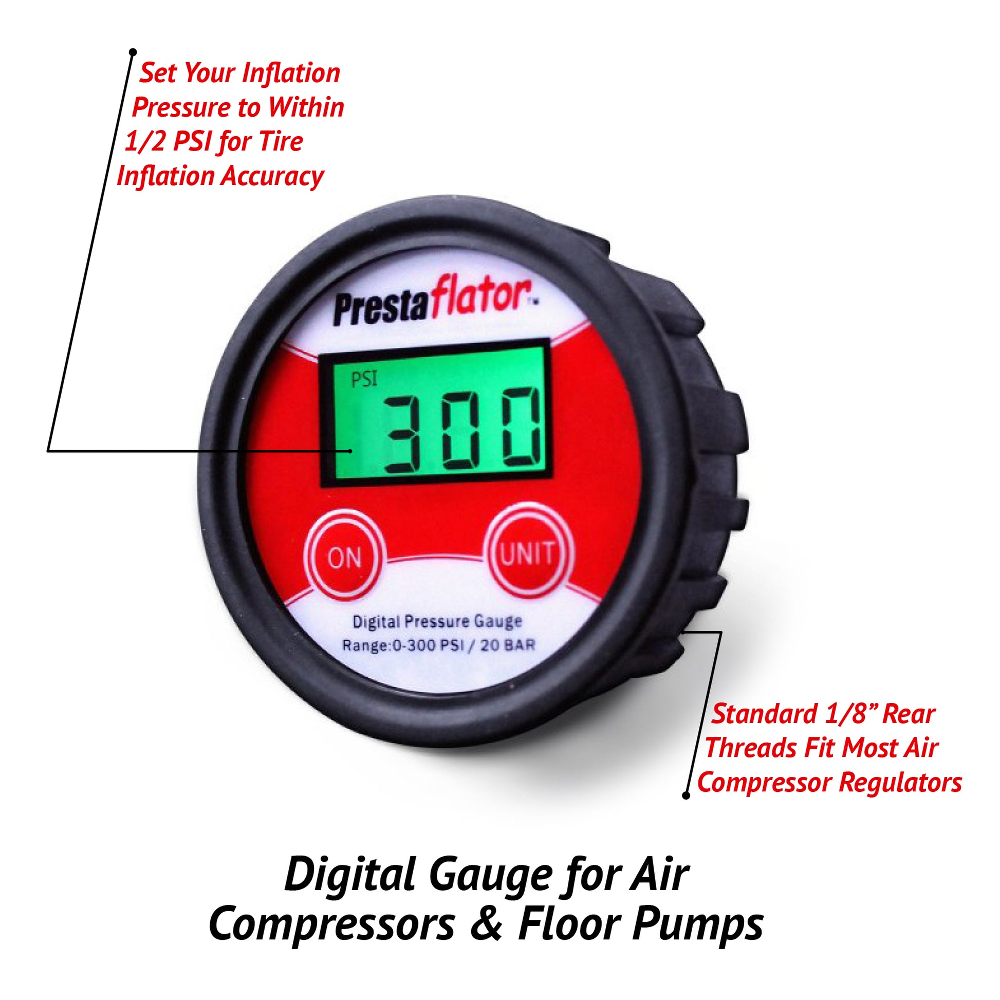 The Prestacycle Prestaflator Digital Gauge for Air Compressors & Floor Pumps shows 30.0 PSI, offers ±0.5 PSI accuracy, and features a standard 1/8 rear thread for compatibility with most air compressor regulators or as a replacement gauge.