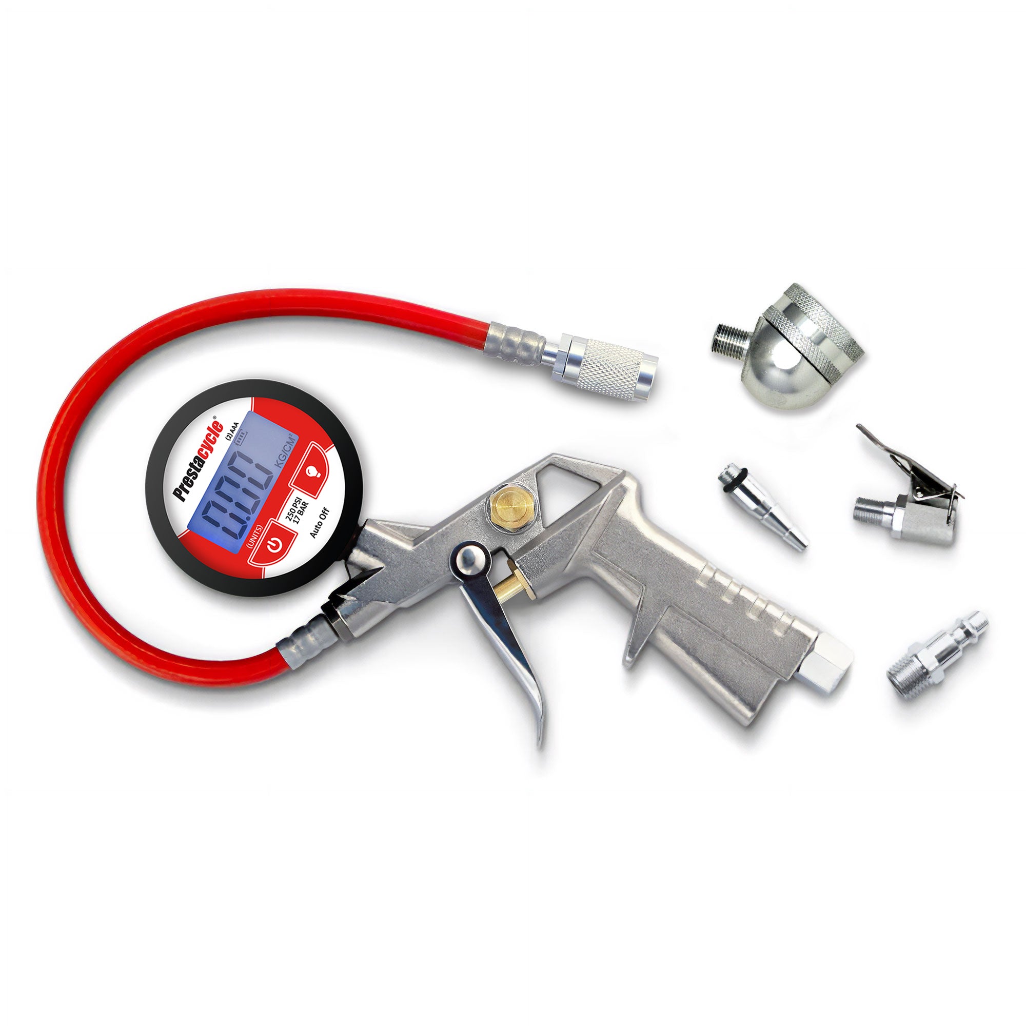 The Prestacycle Prestaflator Digital Bicycle Tire Inflator features a red hose, silver trigger handle, and 0.00 display. Nearby are metal nozzles and attachments, demonstrating its tubeless-safe Presta & Schrader compatibility for air compressors.