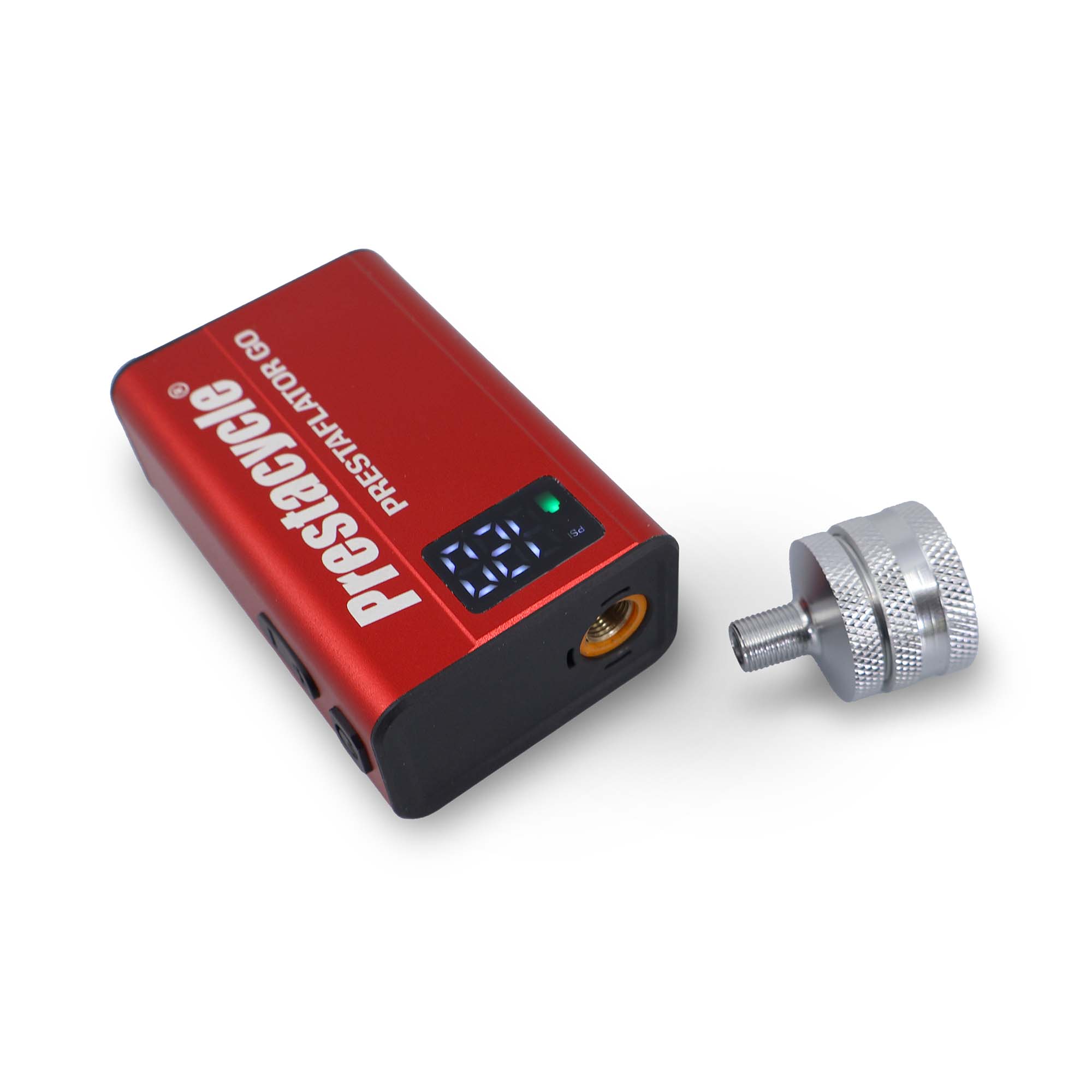 The Prestaflator GO Portable Digital Rechargeable Preset Bicycle Tire Inflator from Prestacycle, shown in red with a small display screen, is pictured next to its detachable silver metal adapter on a white background.