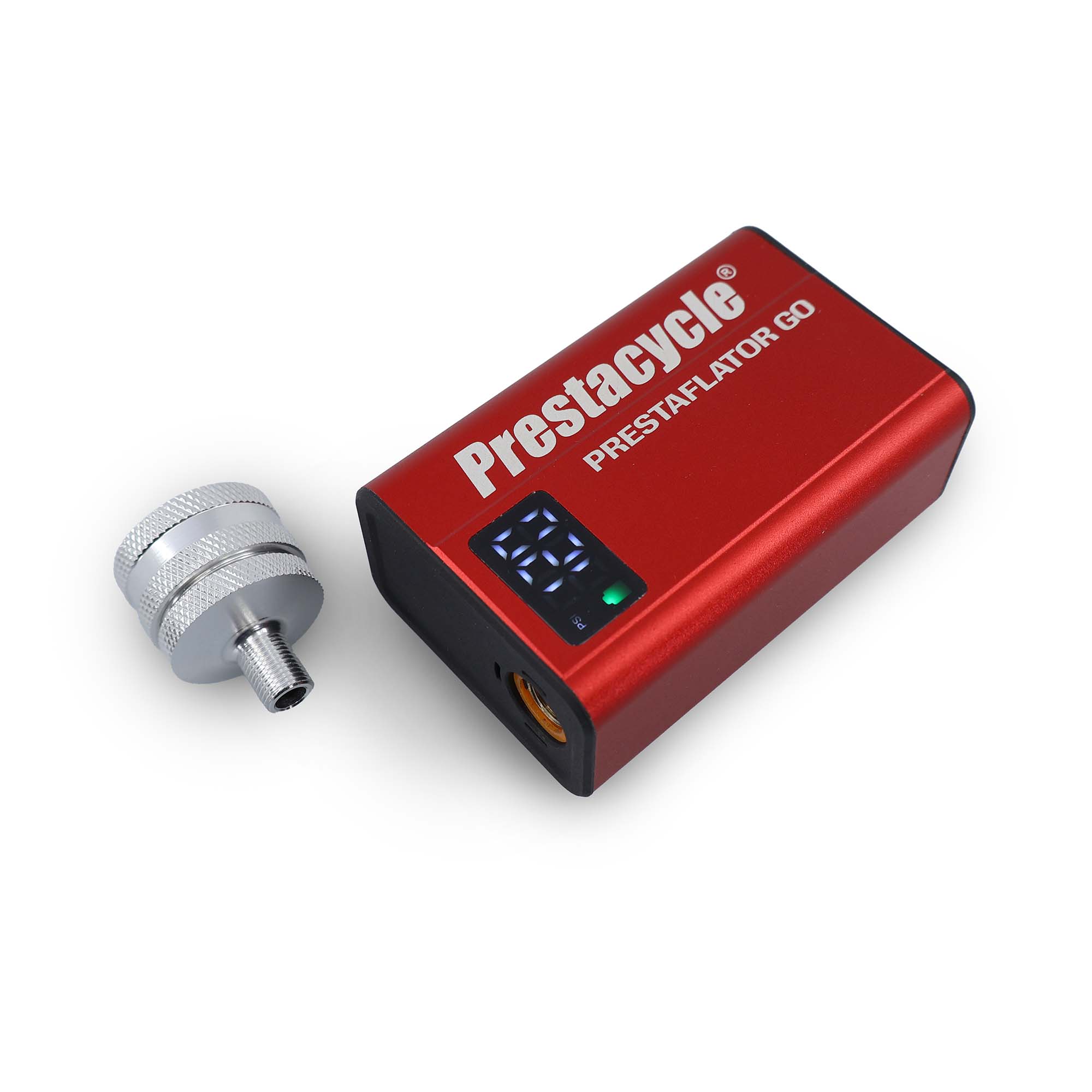A red and black Prestacycle Prestaflator GO Portable Digital Rechargeable Preset Bicycle Tire Inflator is pictured with a silver nozzle attachment on a white background—ideal for fast, accurate tire inflation.