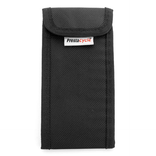 The Prestacycle TorqRatchet / PrestaRatchet 3 Wallet is a black fabric pouch with a flap closure and white Prestacycle label—ideal for carrying your TorqRatchet Tools or PrestaRatchet Multi-tool. Wallet only.