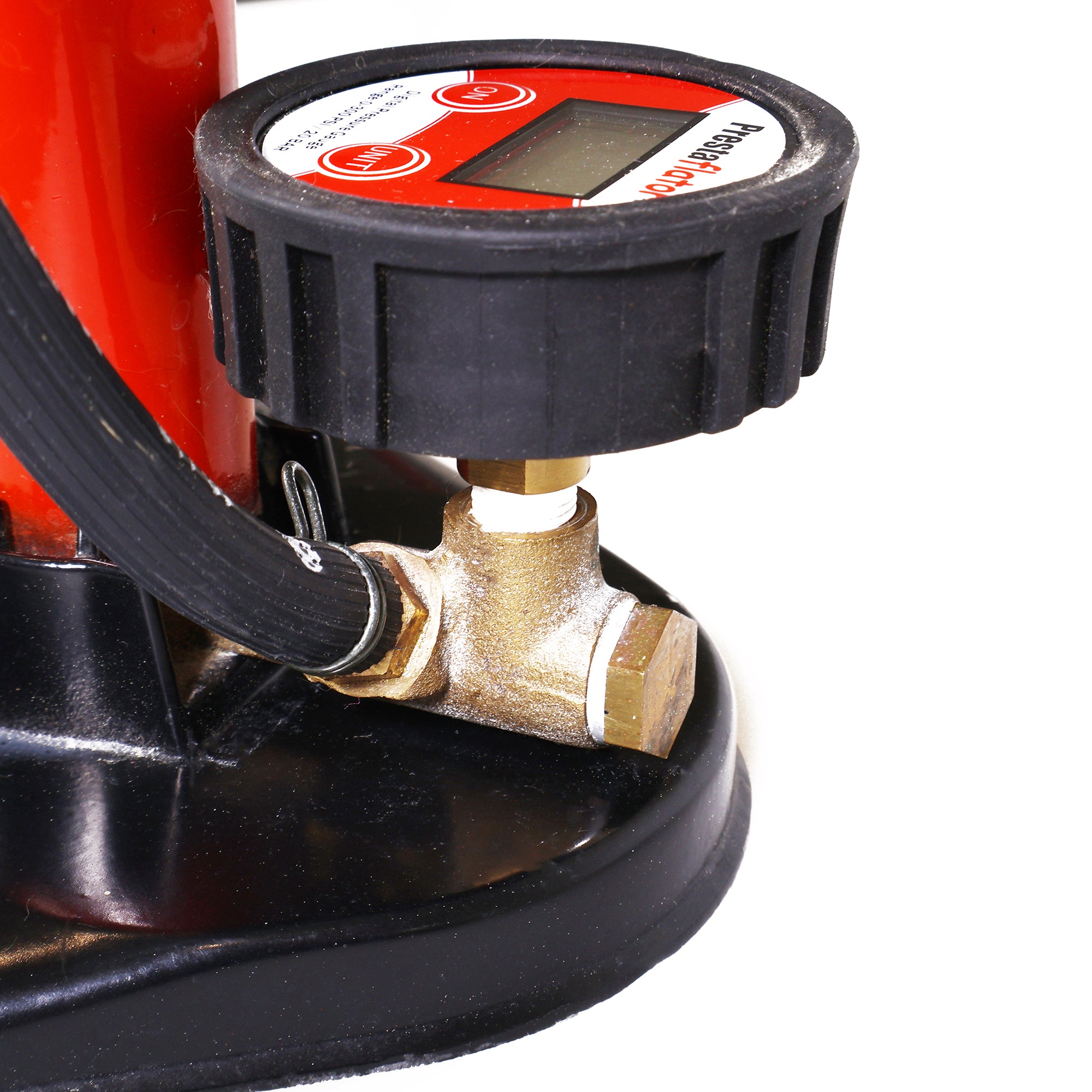 Close-up of the Prestacycle Prestaflator Digital Gauge for Air Compressors & Floor Pumps, showing its display screen and control buttons attached to a red and black air pump, with a hose connected to the valve.