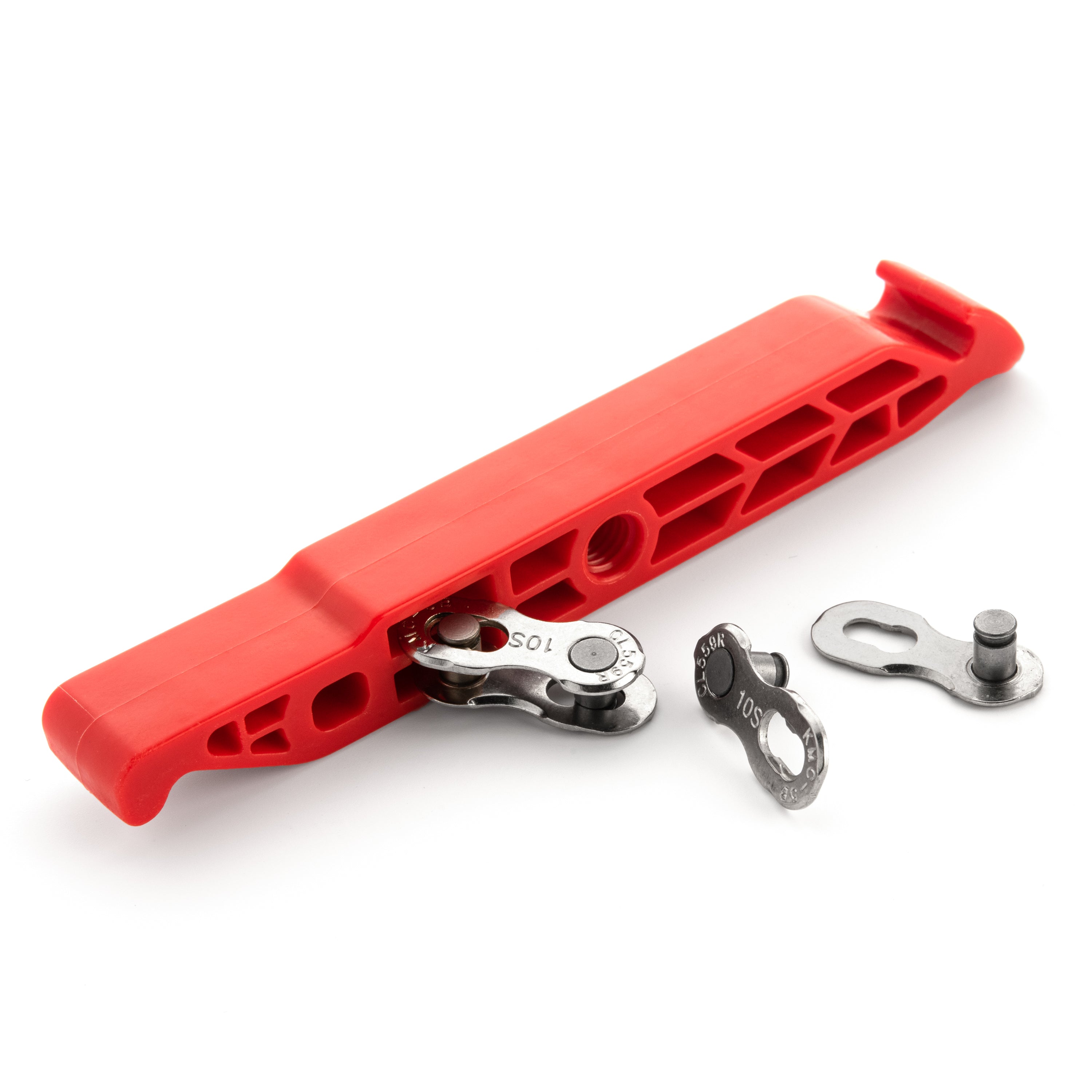 A Prestacycle Prestalever GO multi-tool tire lever in red plastic with metal chain links and pins, plus a presta valve core tool, shown on a white background.