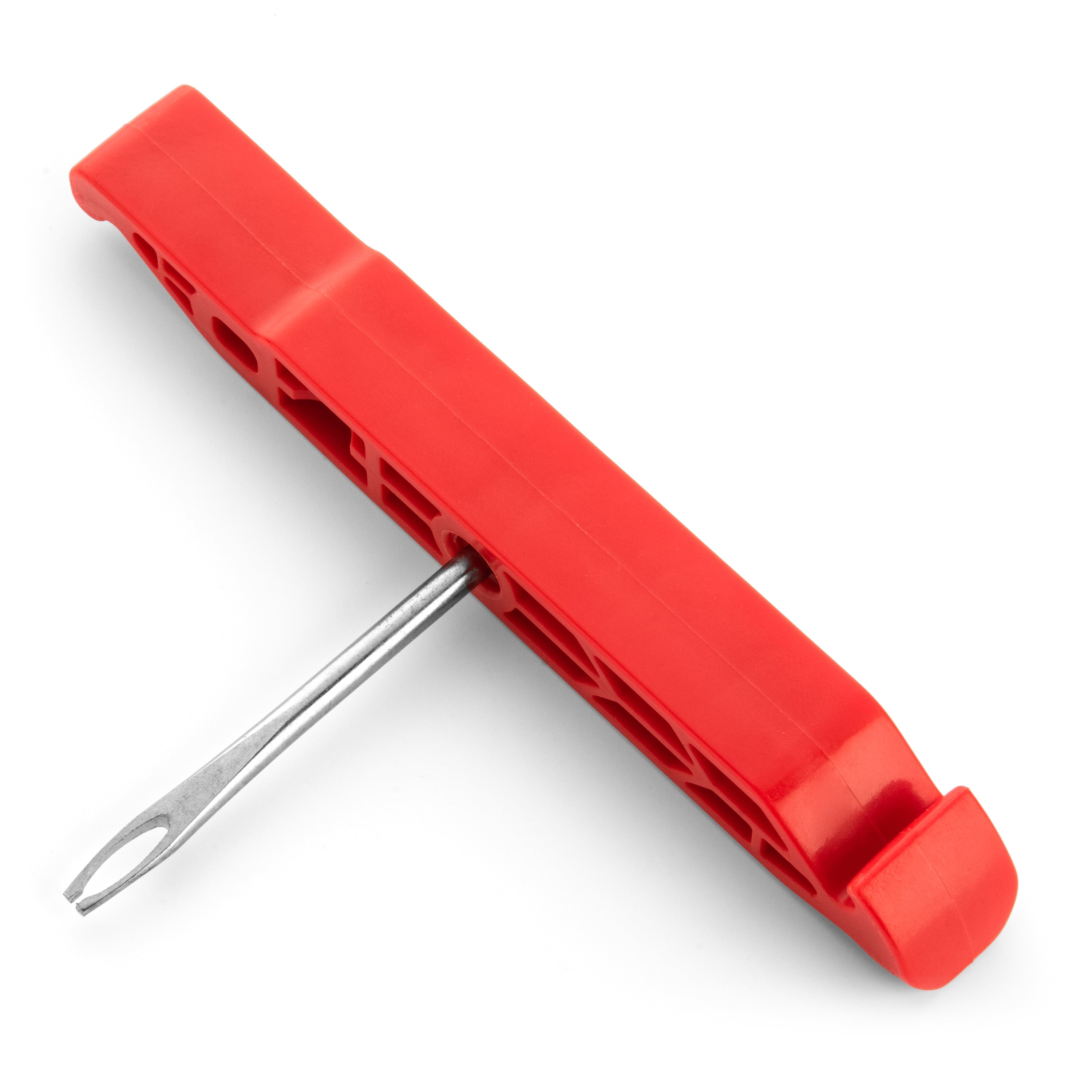 The Prestacycle Prestalever GO is a red plastic multi-tool tire lever with a metal, curved open-ended tip for presta valve cores, shown isolated on a white background.