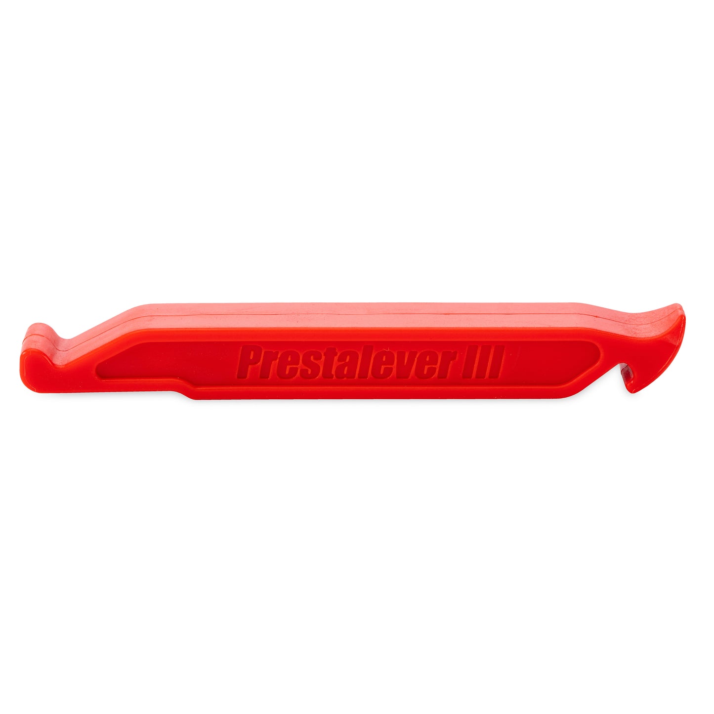 The Prestacycle Prestalever GO is a red plastic multi-tool tire lever with Prestalever III embossed, designed for removing bicycle tires and functions as a Presta valve core tool.