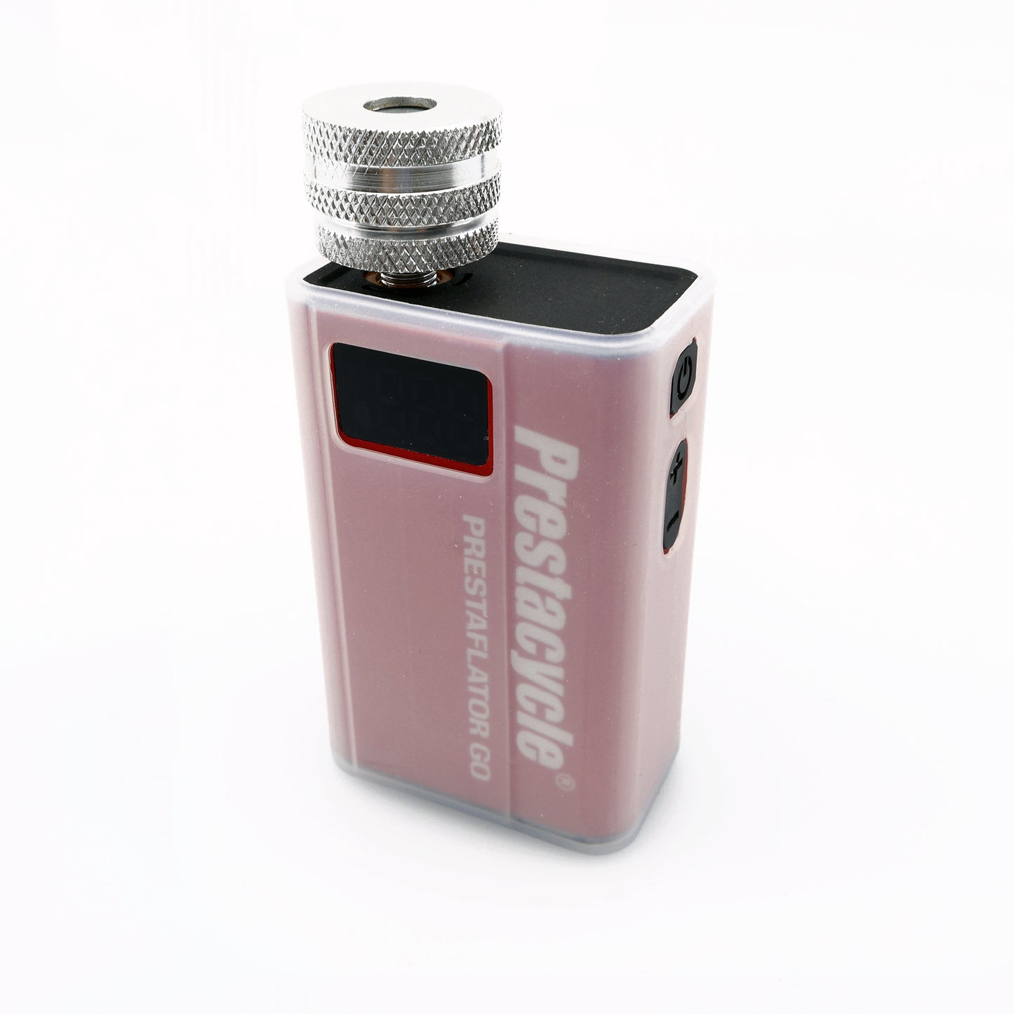 The Prestacycle Prestaflator GO Silicone Case, a custom-fit accessory, adds durability to your compact rectangular digital Prestaflator device with its protective silicone cover, shown here with a textured metal knob, small screen, and side buttons.