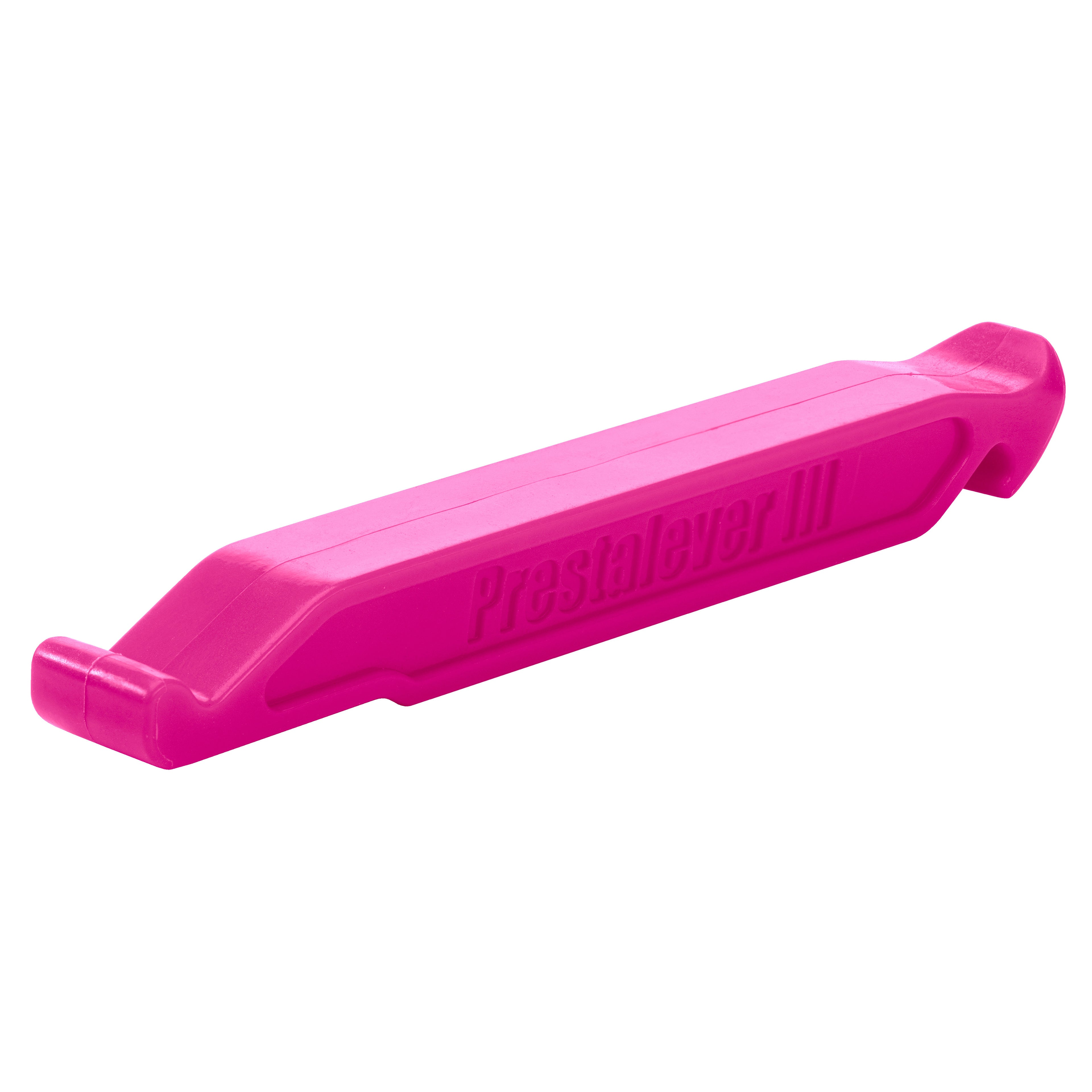A vibrant pink Prestacycle Prestalever GO multi-tool tire lever, offering 5 tools in one including a Presta valve core tool, is displayed against a white background.