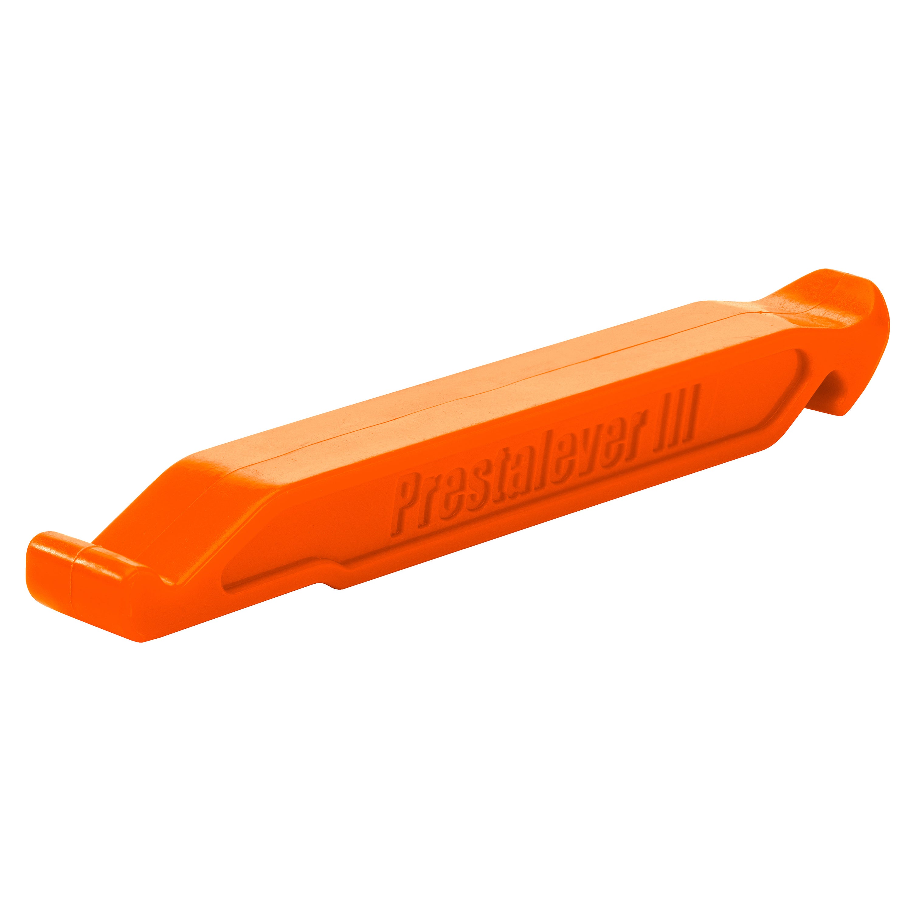 The Prestacycle Prestalever GO is an orange plastic multi-tool tire lever with Prestalever GO embossed on the side, shown on a white background. This 5-in-1 tool includes a presta valve core remover for added convenience.