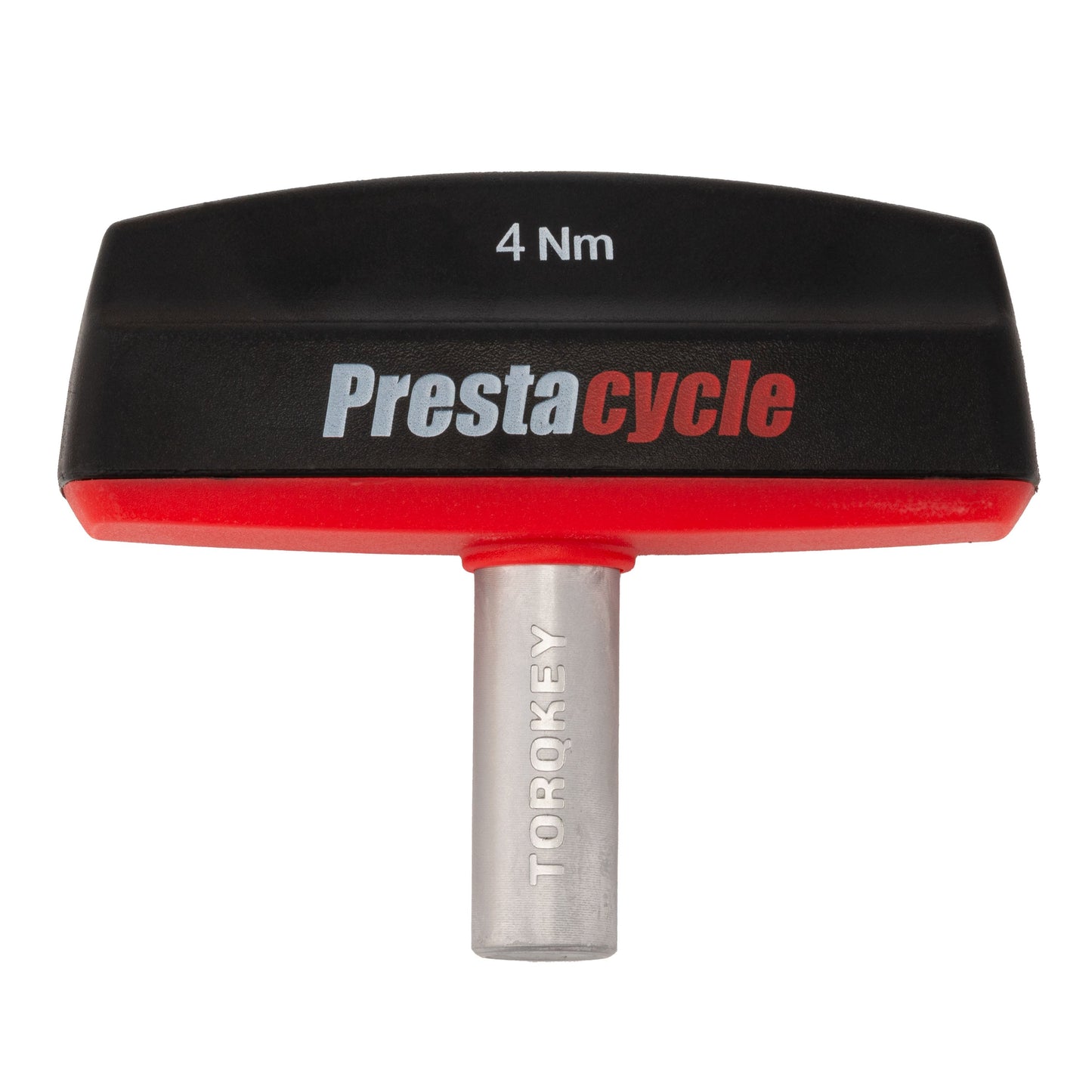 The Prestacycle Pro TorqKeys T-Handle Torque Tool set includes 4Nm to 12Nm settings and 18 bits, featuring an ergonomic black and red handle with the Prestacycle logo in white and red, plus a silver metal shaft.
