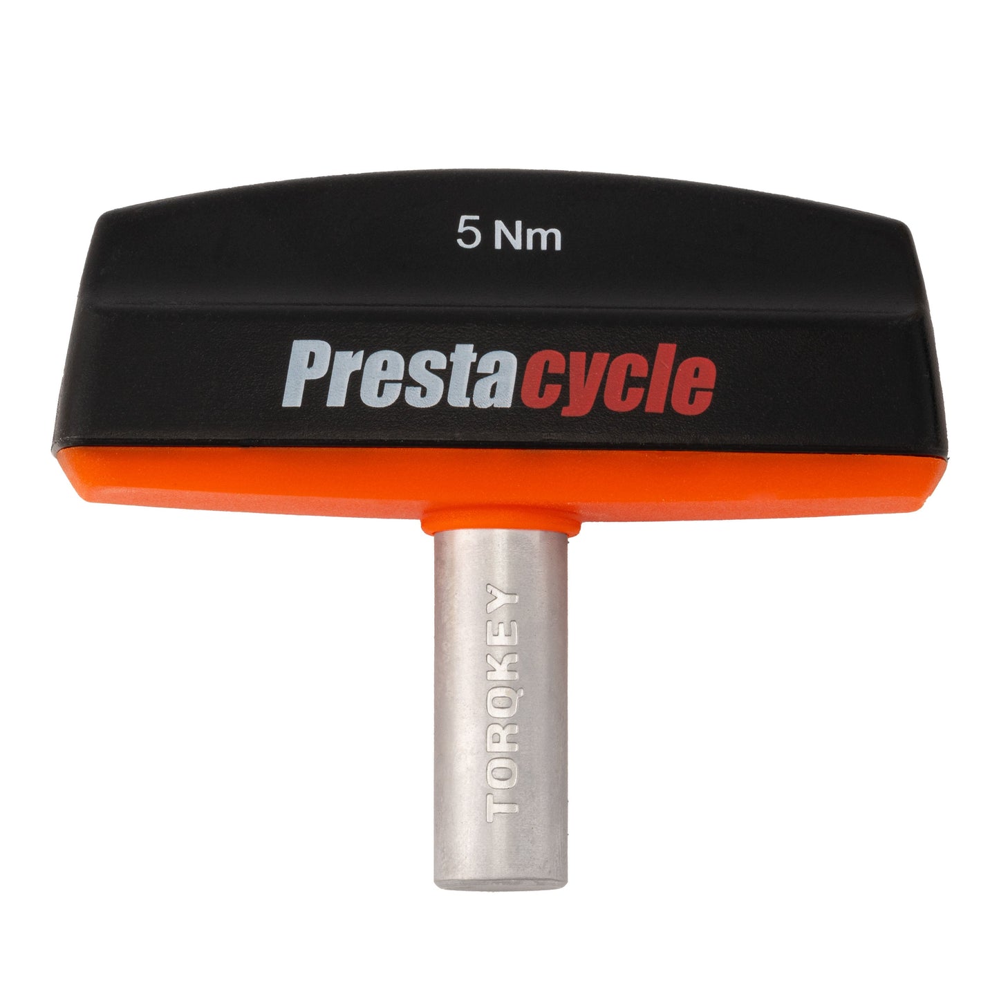A black and orange Prestacycle Pro TorqKeys T-Handle Torque Tool, labeled with torque values (4-12 Nm), features an ergonomic handle, TORQKEY marking on the shaft, and comes as a bundle with 18 bits.