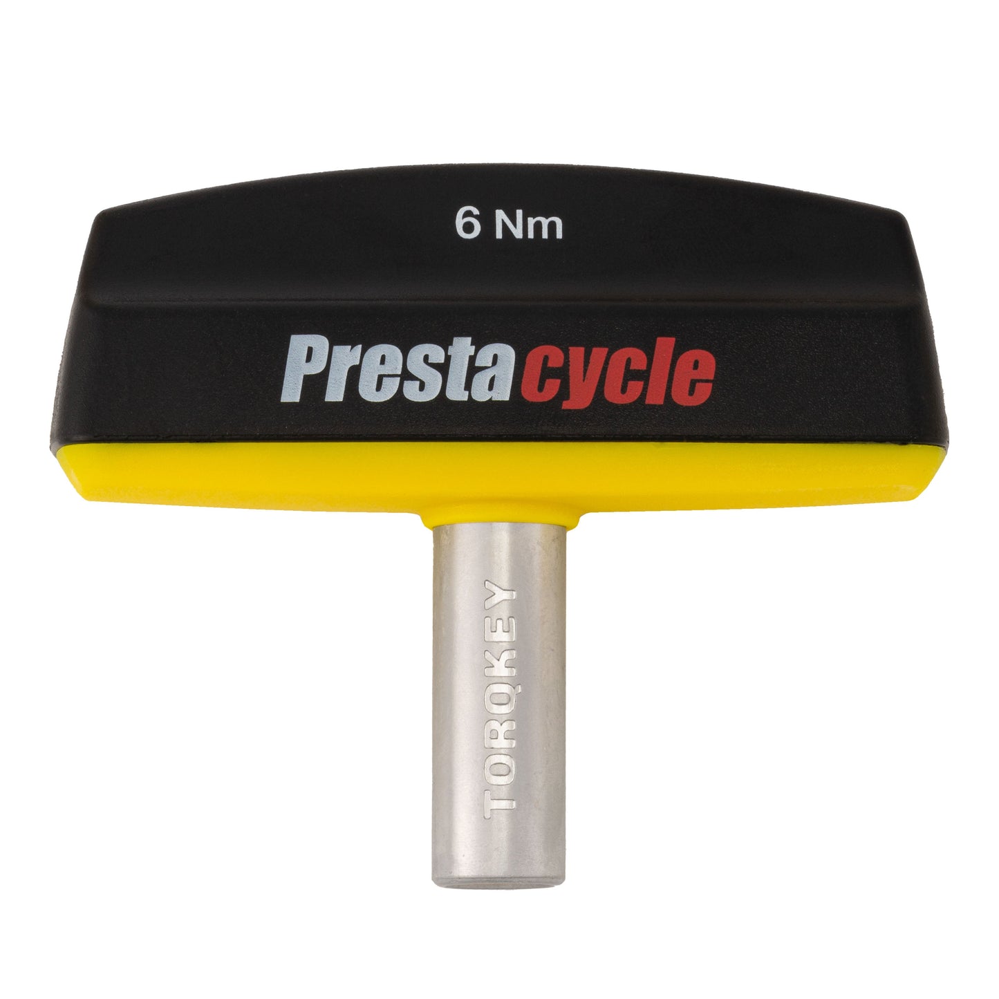 The Prestacycle Pro TorqKeys T-Handle Torque Tool offers precise adjustments with 4Nm to 12Nm settings, an ergonomic black and yellow handle, metal shaft, and comes bundled with 18 bits—ideal for quality bicycle maintenance.