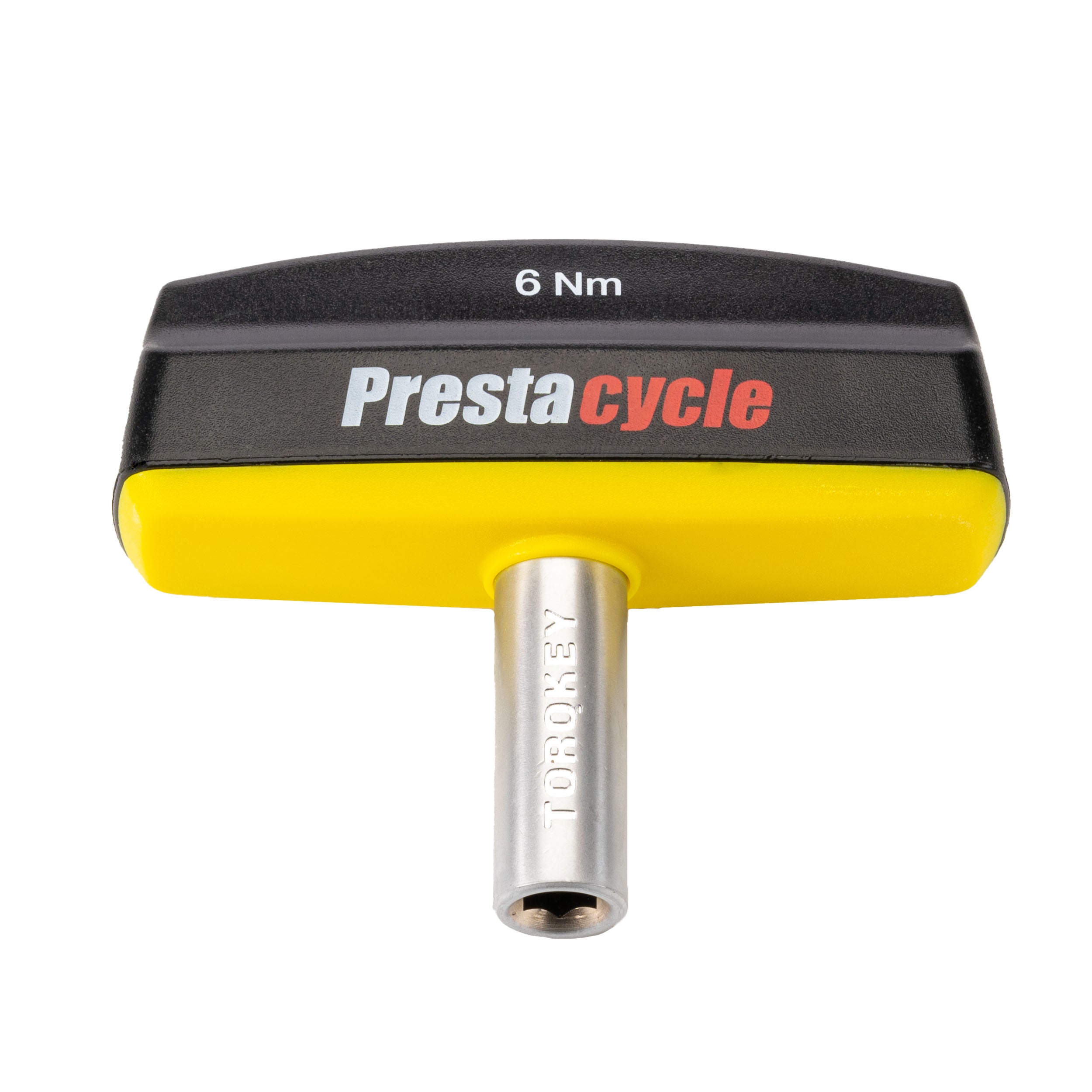 The Prestacycle Pro TorqKeys 6Nm T-Handle Torque-Limiting Bits Tool features an ergonomic yellow and black design, perfect for precise bolt tightening, with the Prestacycle logo displayed on top.