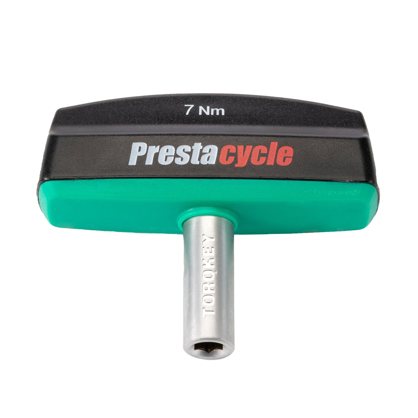 The Prestacycle Pro TorqKeys 7Nm T-Handle Torque-Limiting Bits Tool features a green and black ergonomic handle, is maintenance-free, and includes a metal Torx bit extending from the bottom.