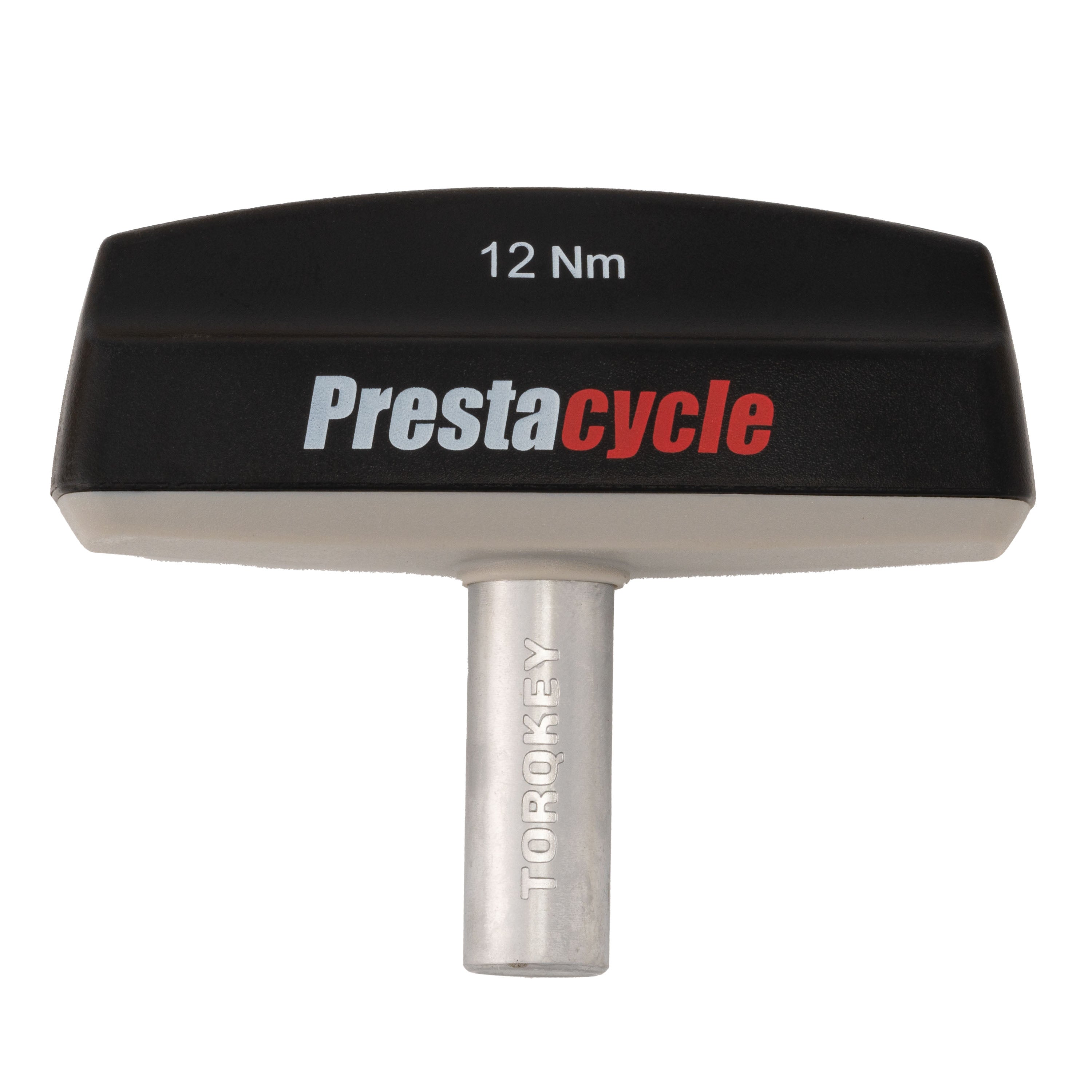A black and silver Prestacycle Pro TorqKeys T-Handle Torque Tool with 12Nm on top, Prestacycle branding in black and red, an ergonomic handle for comfort, metal shaft engraved TORQKEY, includes 18 bits.