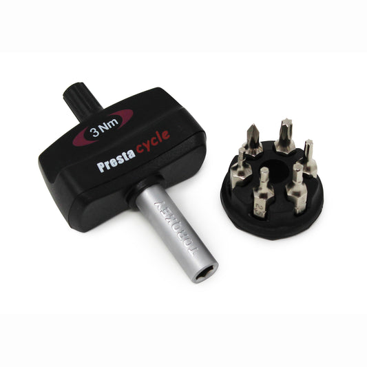 The Prestacycle Mini TorqKeys 3Nm Preset Torque Tool is shown with its circular holder containing six nickel-plated S2 steel bits.