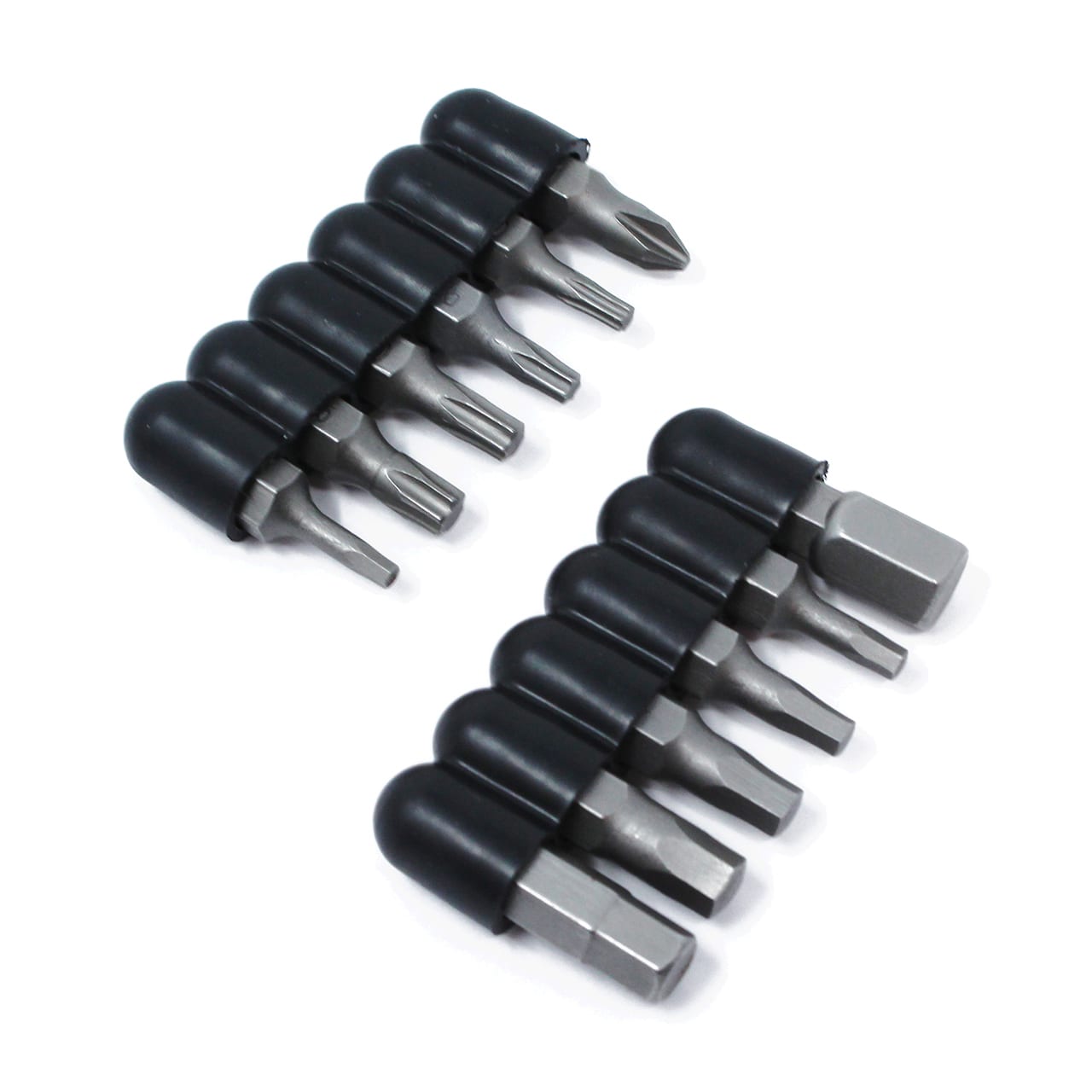 The Prestacycle CR/V Bicycle Twelve (12) Bit Set by Prestacycle features interchangeable CRV steel bits, including flathead, Phillips, and high-quality hex tool bits with black caps, arranged in two rows on a white background.
