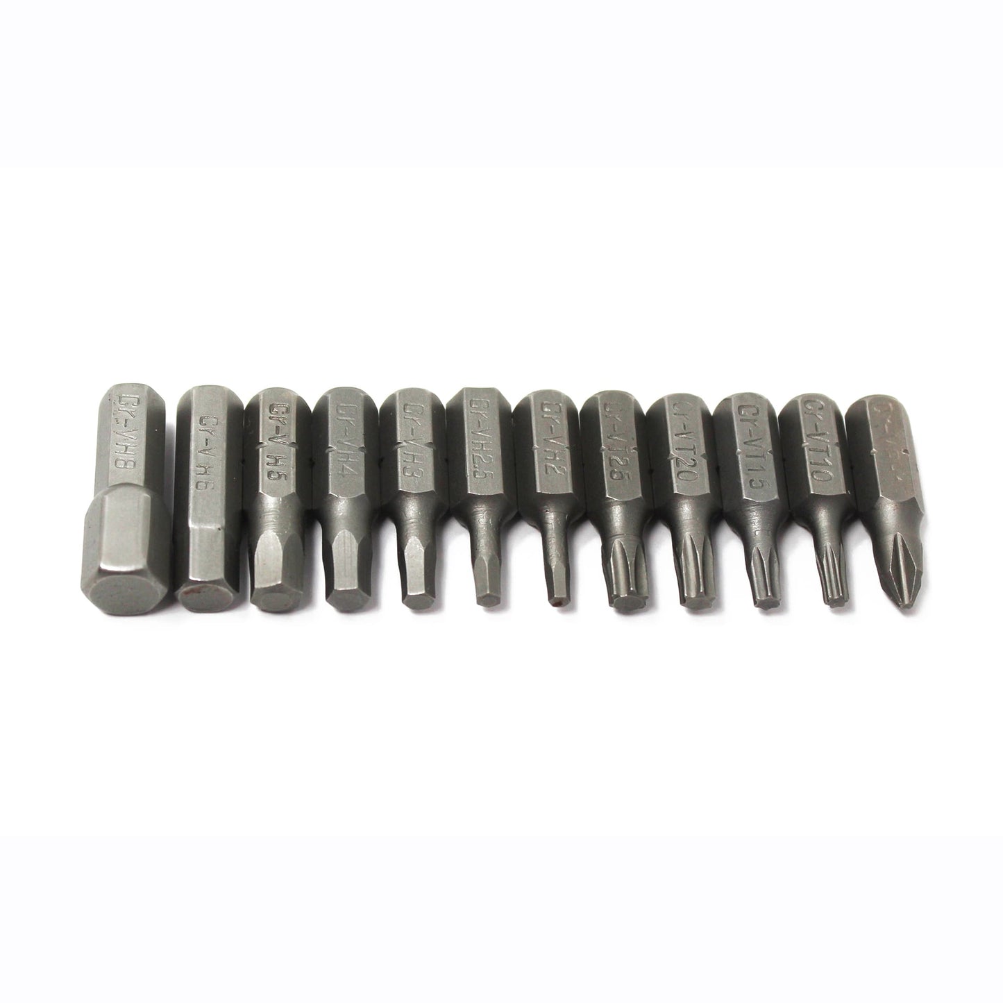 The Prestacycle CR/V Bicycle Twelve (12) Bit Set by Prestacycle features twelve high-quality hex tool bits in various shapes and sizes, neatly arranged for different screw types.