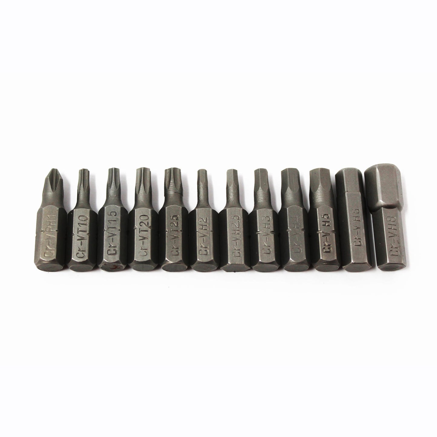 The Prestacycle CR/V Bicycle Twelve (12) Bit Set by Prestacycle features twelve high-quality hex tool bits in various tip shapes and sizes, each labeled on the side for easy identification, arranged in a row on a white background.