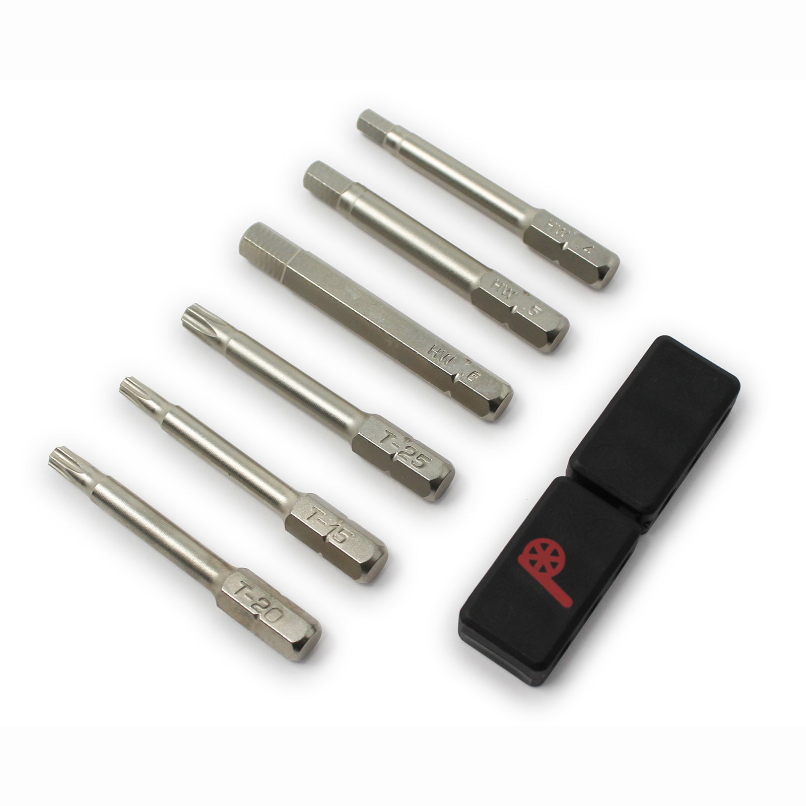 The Prestacycle Professional 6 piece 50mm 1/4 S2 Hex Bits Set includes six metallic bits in two rows next to a black case with a red key symbol—ideal for your bicycle tool kit.