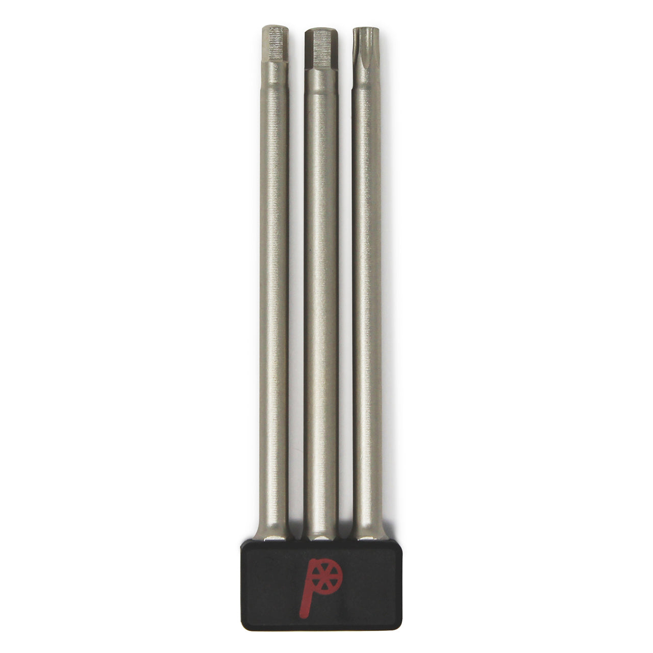 Three silver Prestacycle professional 100mm hex bits stand upright side by side in a black base with the red Prestacycle logo.