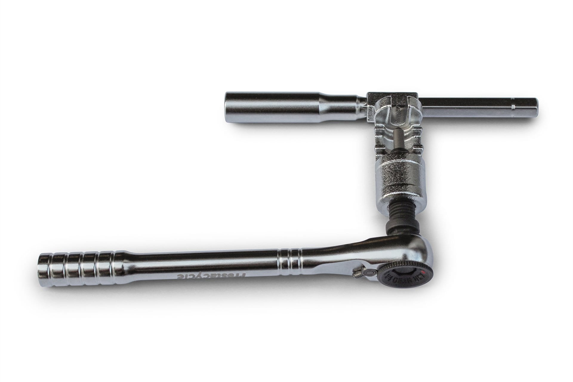 The Prestacycle PrestaRatchet Chain Accessory, featuring a metal ratchet wrench with socket and T-bar handle in an L-shape, is ideal as a portable chain tool for cyclists.