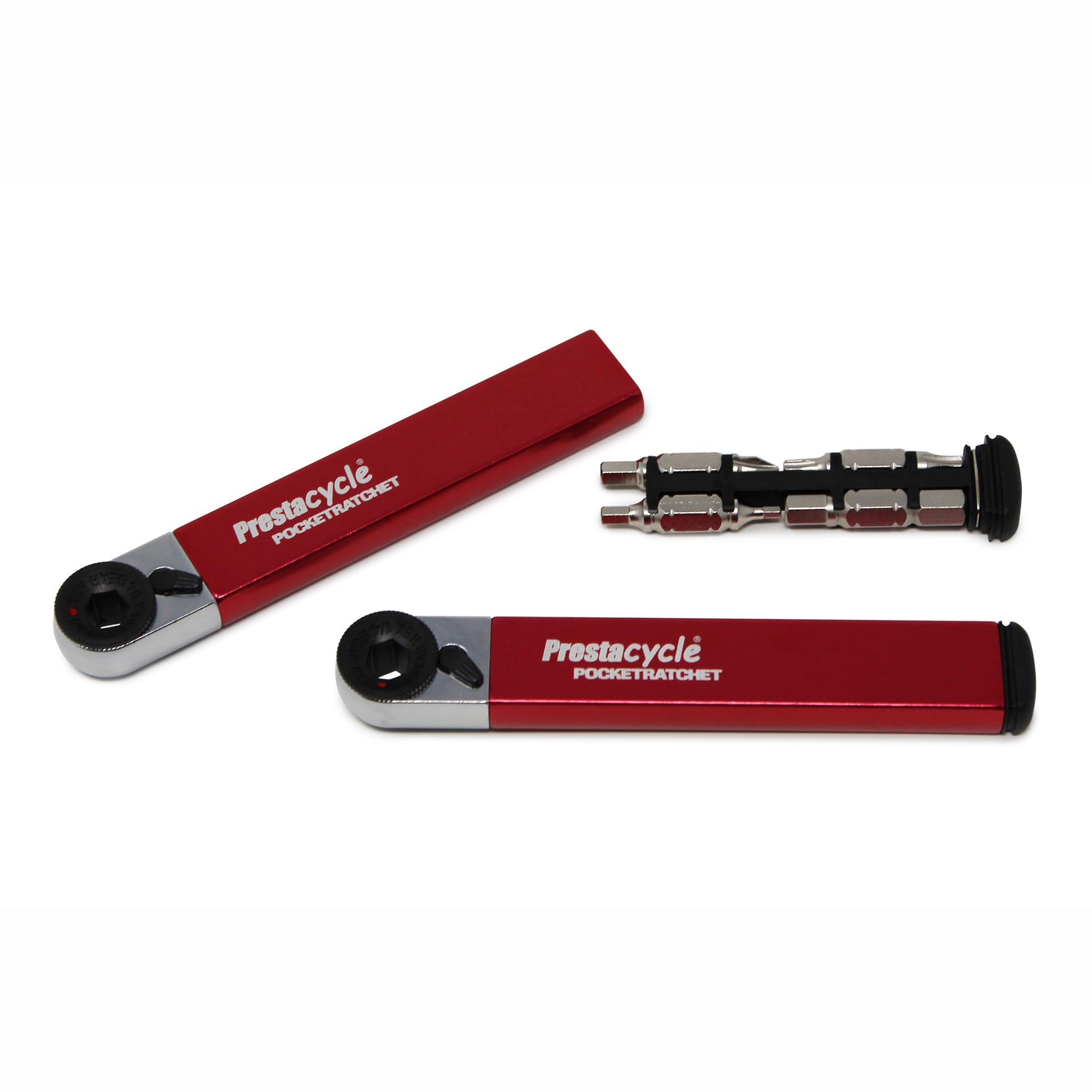 Three Prestacycle PocketRatchet multi-tools are shown—two folded flat, one open to reveal metal bits stored in the handle—highlighting its versatility as a compact cyclist’s tool.