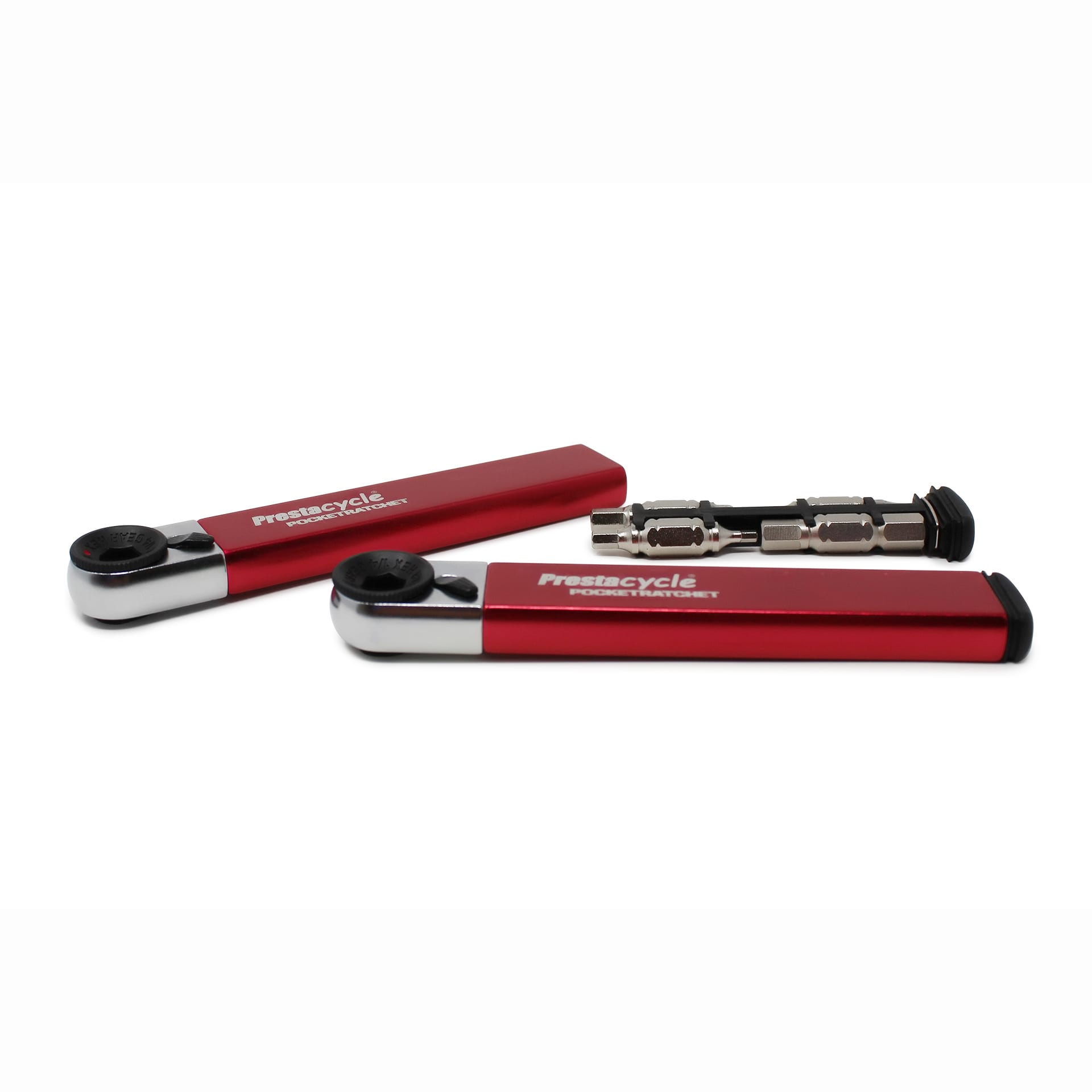 Two compact, red and silver Prestacycle PocketRatchet multi-tools with bits in the handle are shown—one open to reveal its metallic nozzle, the other closed. Both are displayed on a white background.