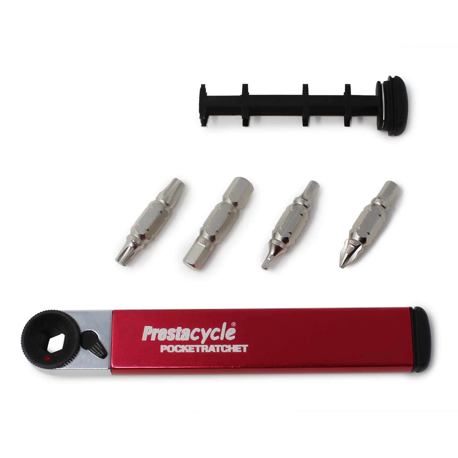 The Prestacycle PocketRatchet is a red and silver pocket multi-tool with four bits stored in its handle, shown with a black bit holder on a white background.