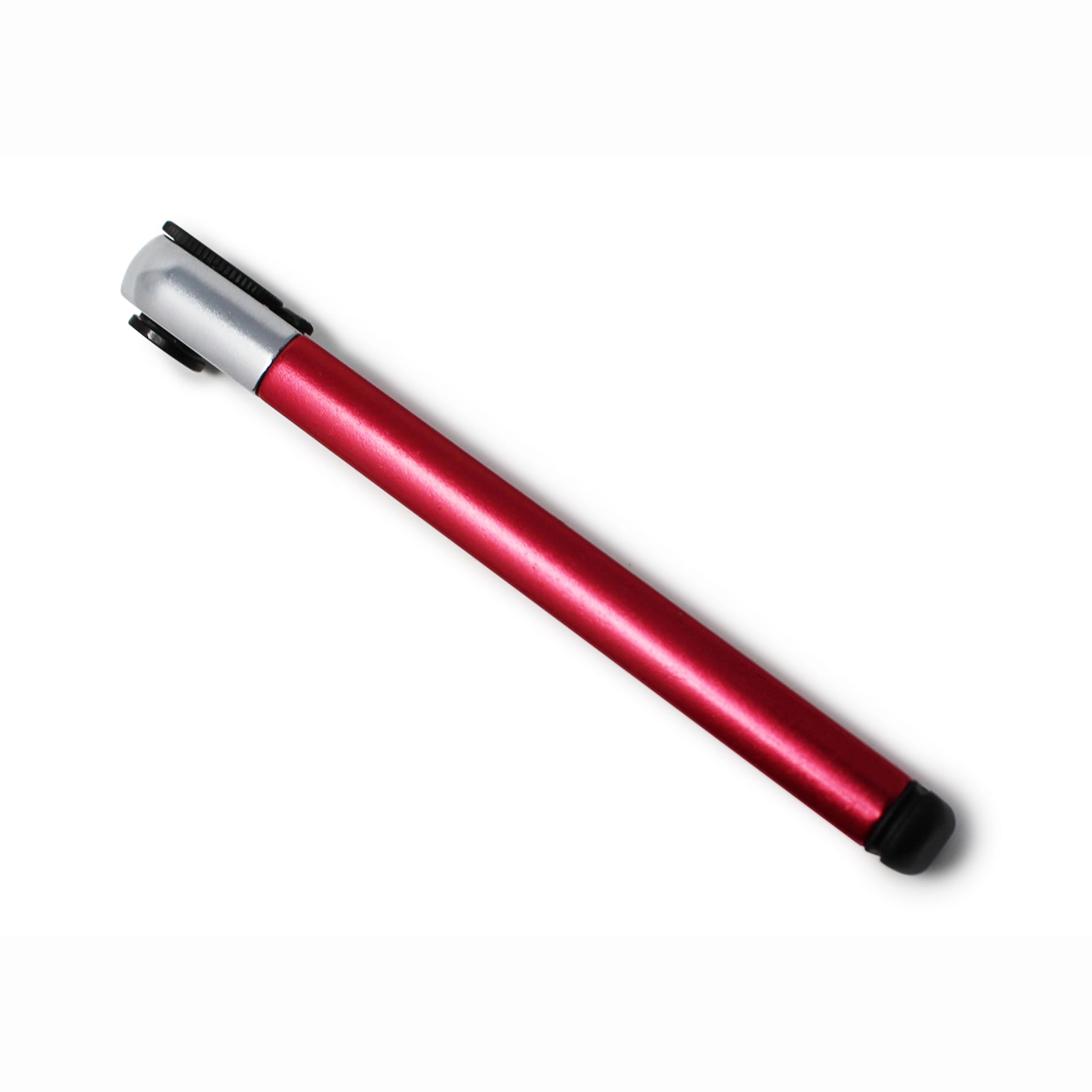 A red stylus pen with a silver clip and black rubber tip lies diagonally on a white background, echoing the compact, sleek design of the Prestacycle PocketRatchet multi-tool by Prestacycle, which stores bits in its handle.
