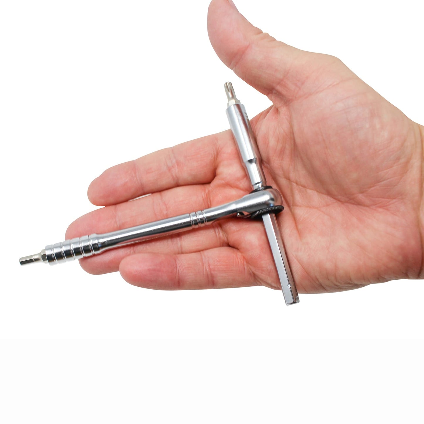 A hand holding the Prestacycle T-Handle Ratchet—a compact, silver 3-way ratchet and T-handle tool set (ratchet and extension only) by Prestacycle—displayed against a white background, perfect for quick, on-the-go adjustments.