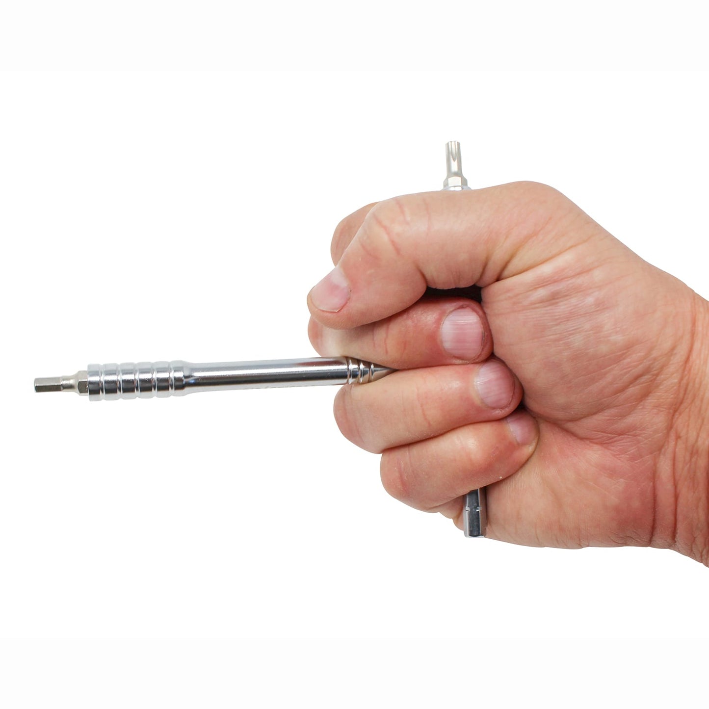 A hand grips the Prestacycle T-Handle Ratchet—3-way Ratchet and T-Handle Tool set (ratchet and extension only) by Prestacycle, showing its ridged metal handle against a plain white background.