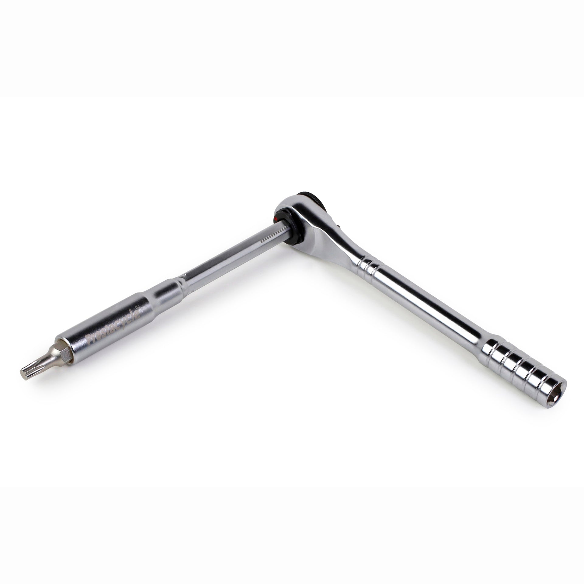 The Prestacycle T-Handle Ratchet Deluxe is a 3-way ratchet and T-handle tool kit by Prestacycle, perfect for any tool bit set or as a handy bike multi-tool—shown arranged in an L-shape with extension bar and bit socket on a white background.