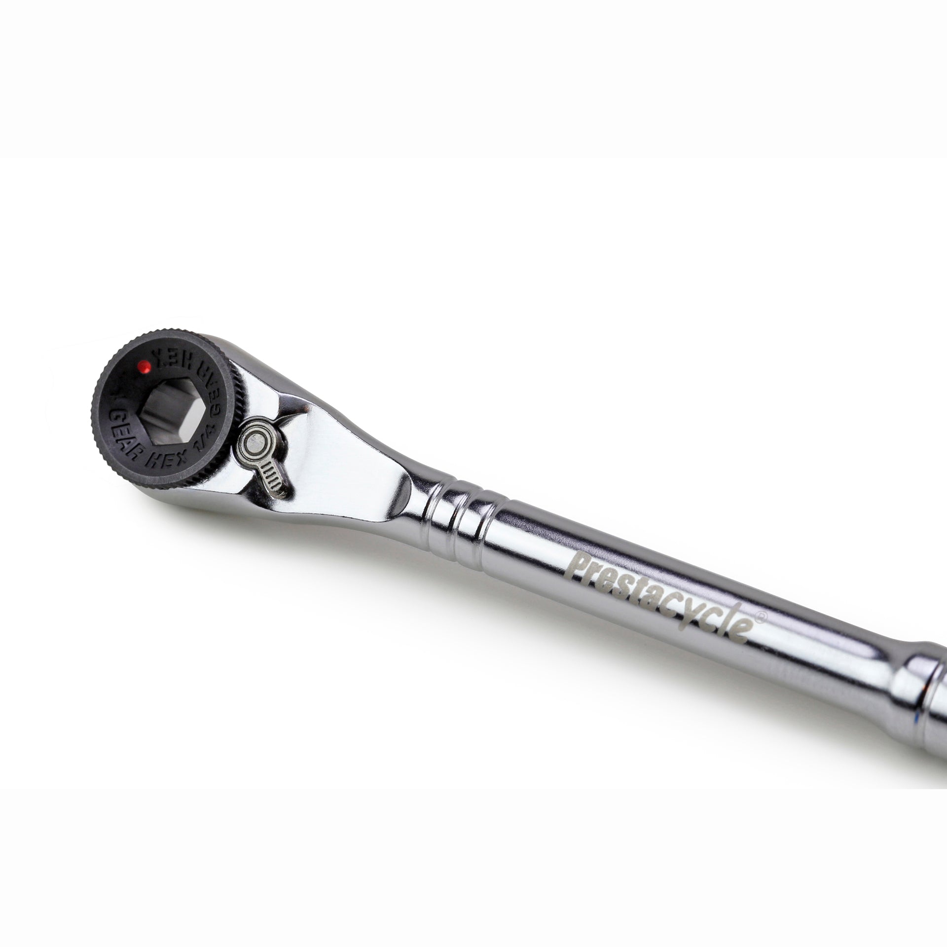 A close-up of the Prestacycle T-Handle Ratchet Deluxe by Prestacycle, featuring a shiny metal body, textured grip, and black circular gear head—ideal as part of a bike multi-tool kit—shown against a white background.