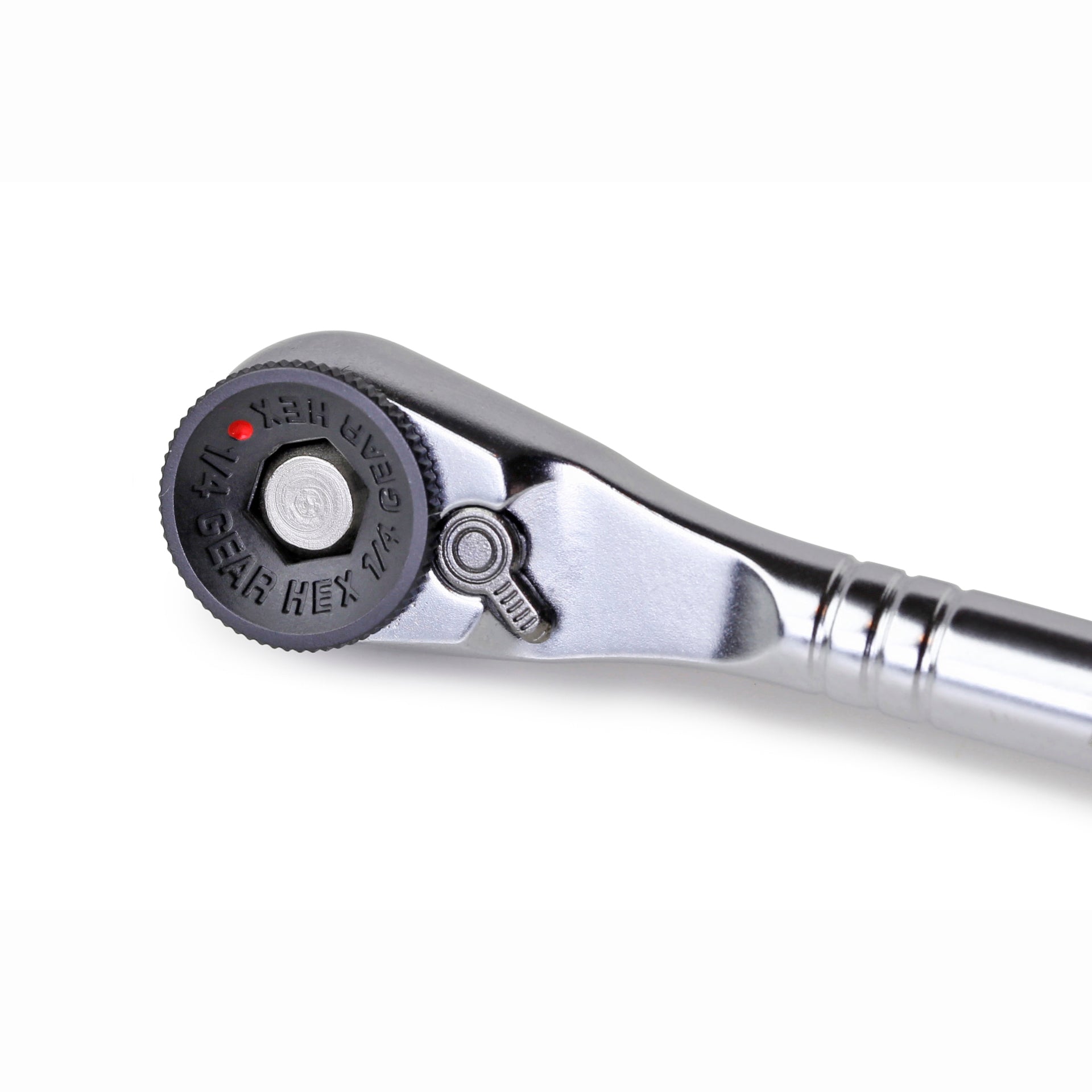 A close-up of the Prestacycle T-Handle Ratchet Deluxe head by Prestacycle, displaying its shiny metal gear mechanism and direction switch lever, on a white background.