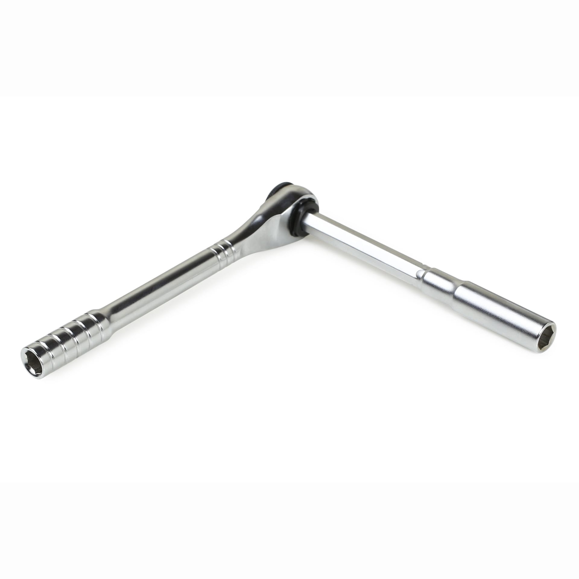 The Prestacycle T-Handle Ratchet Deluxe is a 3-way T-handle ratchet tool kit by Prestacycle, featuring socket attachments on both ends—perfect as a bike multi-tool, shown on a white background.