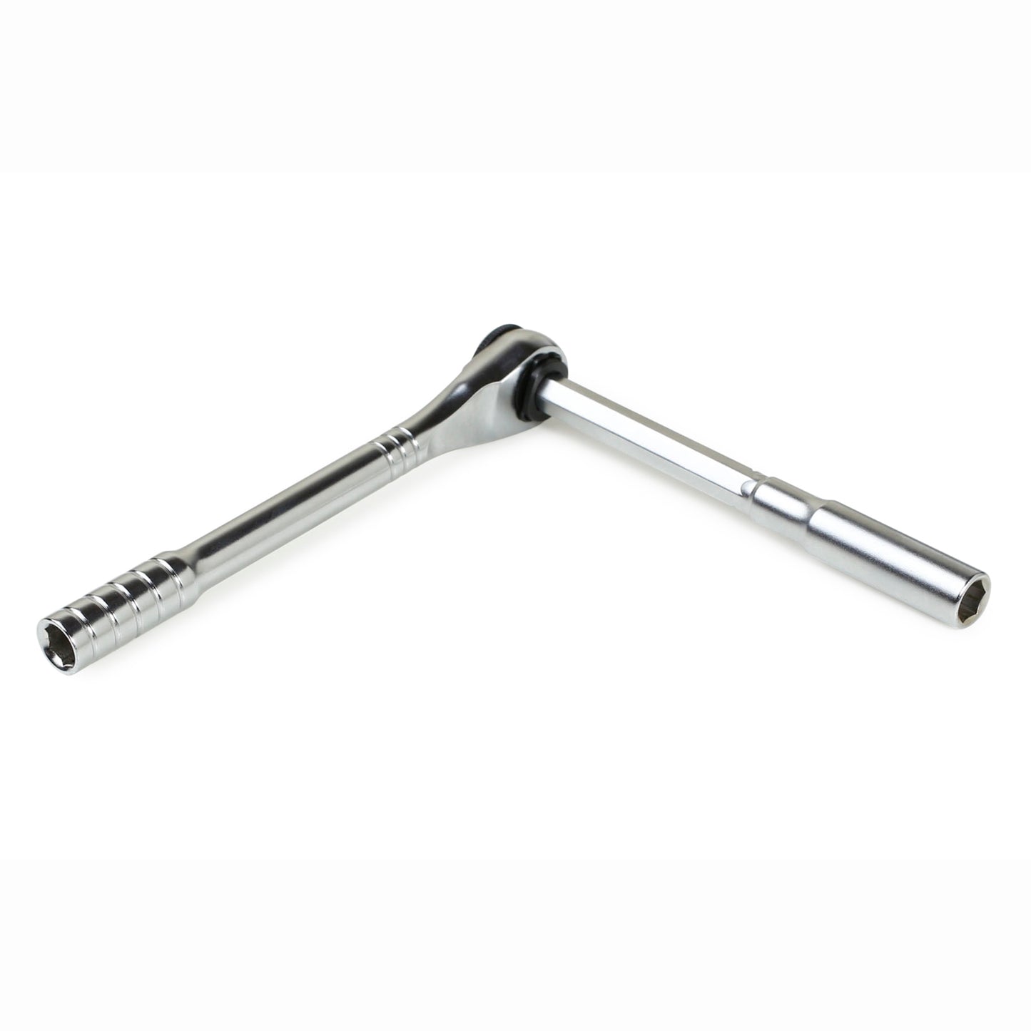 The Prestacycle T-Handle Ratchet Deluxe is a 3-way ratchet and T-handle tool kit by Prestacycle, shown with a right-angle socket attachment, isolated on a white background.